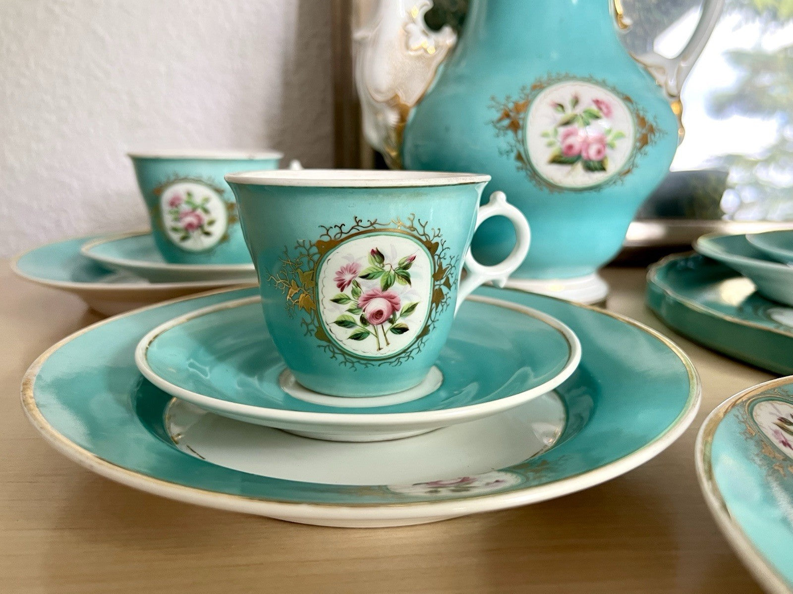 Antik 1870-1900 Porzellan Kaffeeservice 6 Pers. Carl Tielsch Altwasser türkis