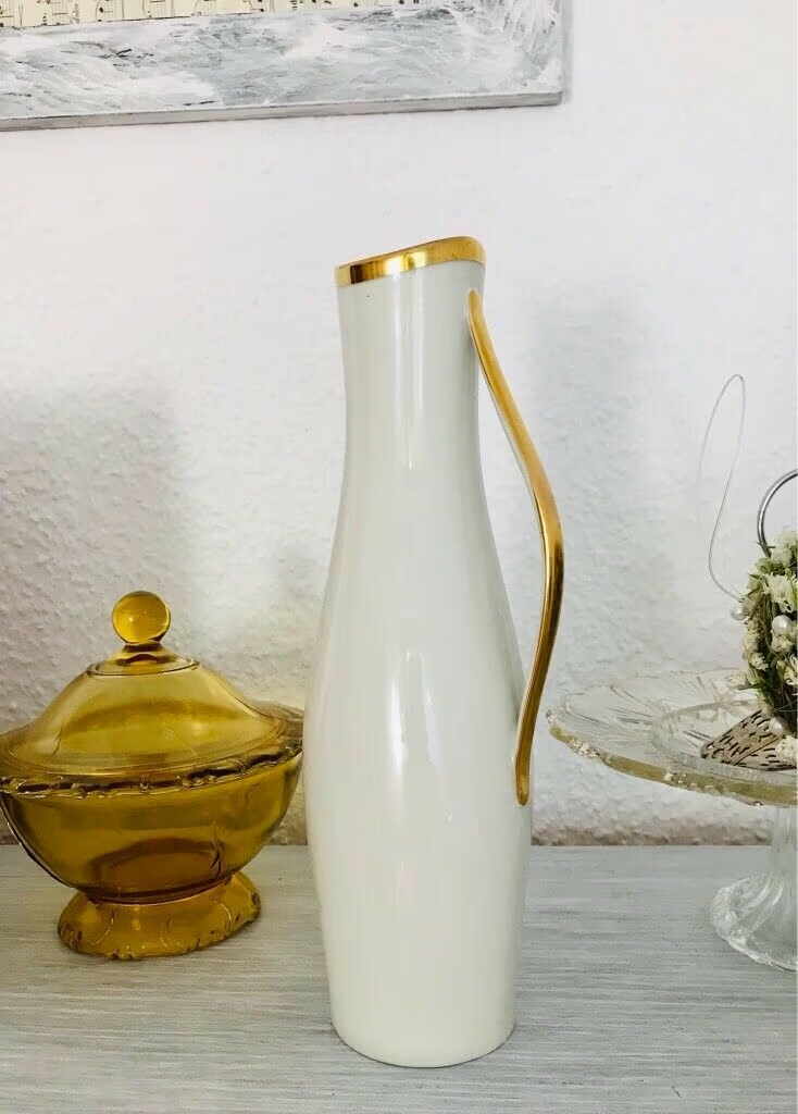 Antik Art Déco Porzellan Vase Henkel Blumenvase Elfenbein Goldrand Eschenbach