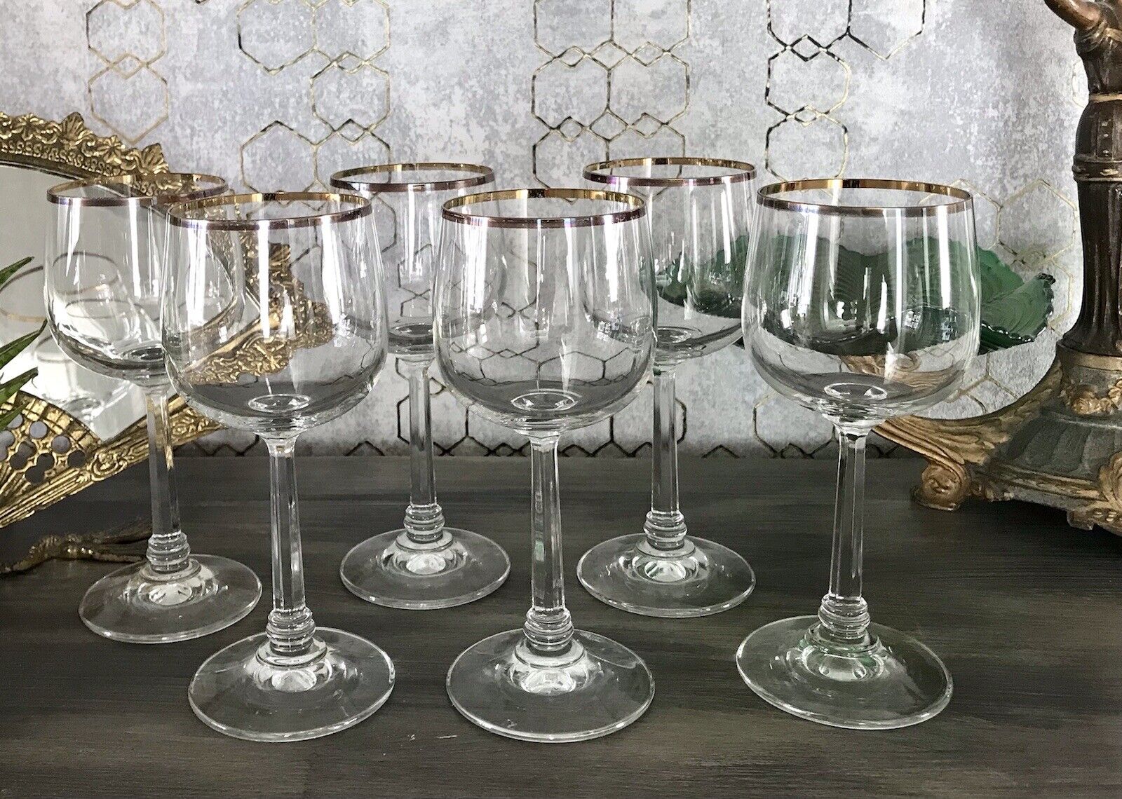 Art Déco Stil 6 Gläser Weingläser Weißweingläser Glas Goldrand Lausitzer