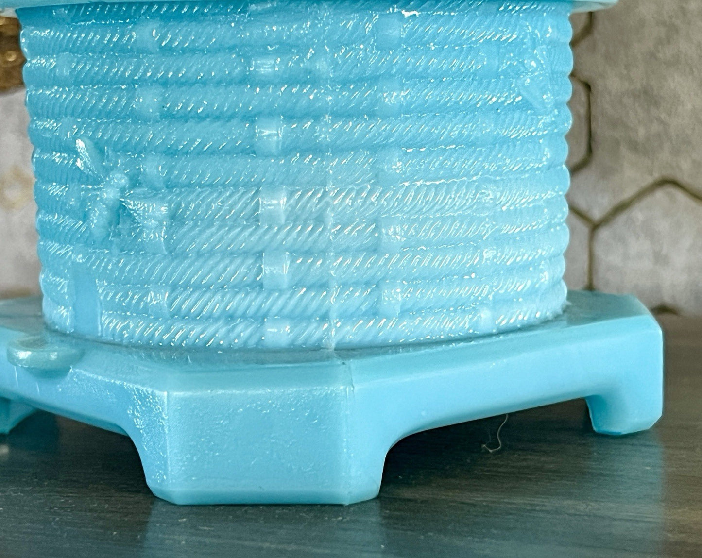 Antik Portieux 1900 Bienenstock Glasdose Dose Opalglas Deckeldose blau Pressglas