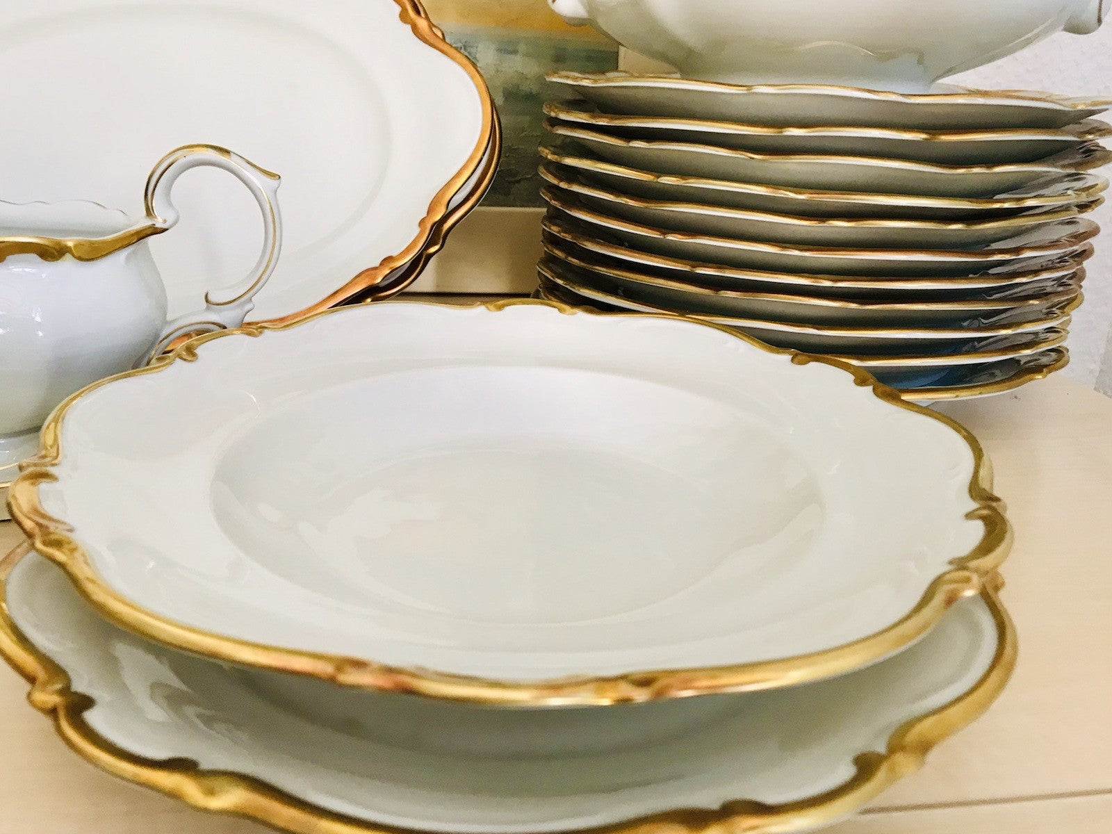Antik Art Déco Porzellan Tafelservice goldene Ranke EDEL Mitterteich 12 Personen