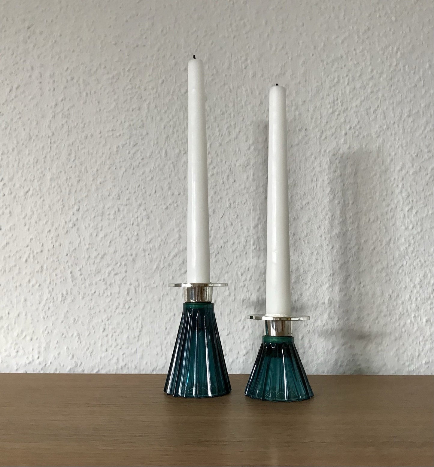 Vintage alt WMF 2 Leuchter Glas türkis versilbert Wagenfeld Ära