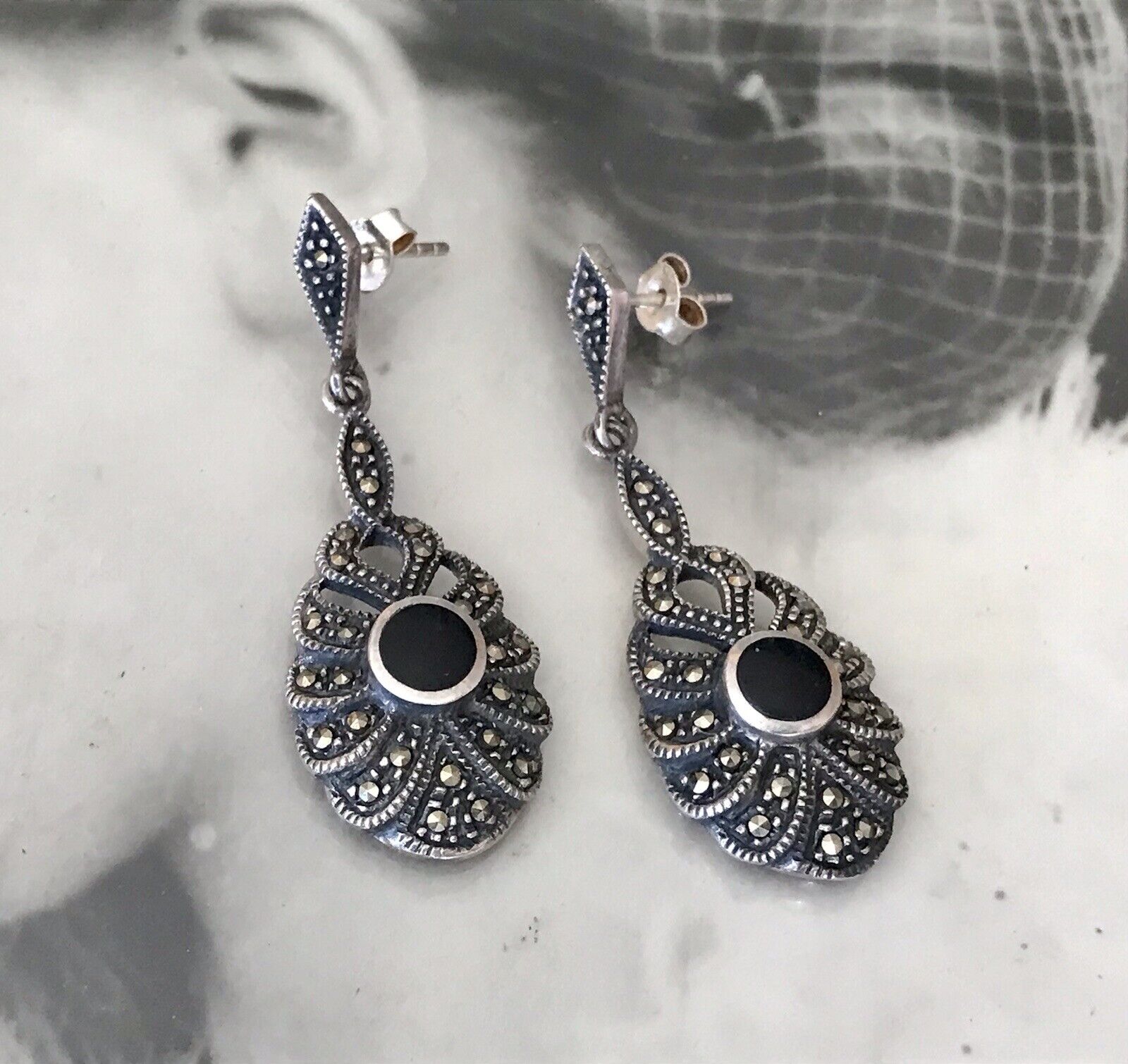 Antik Art Déco Wunderschön Ohrhänger Ohrringe DAMEN Silber 925 Onyx Markasite