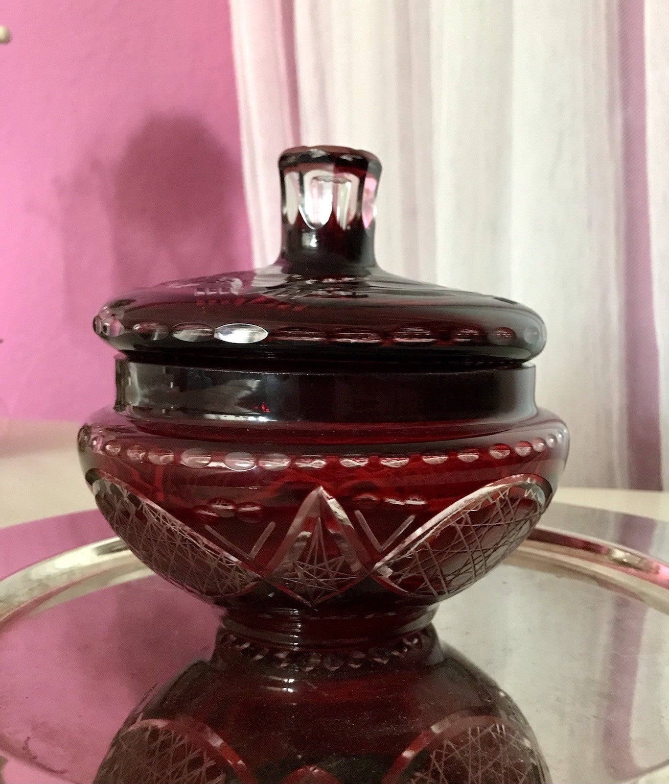 Vintage EDEL Glasdose Deckeldose Bonboniere Kristallglas Schliff Rubin Rot