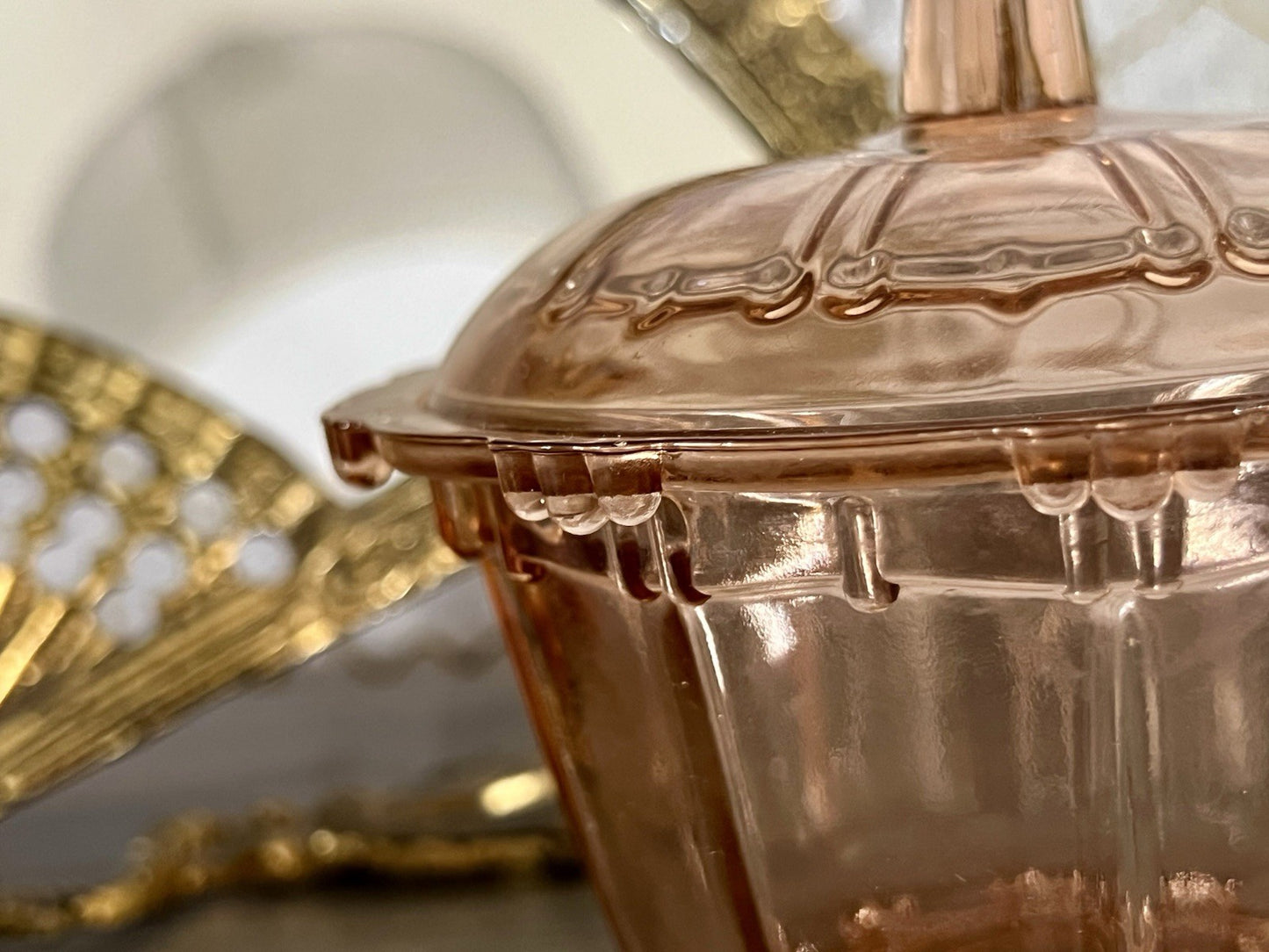 Art Déco Stil Dose Deckeldose Rosalin Rosa Pressglas