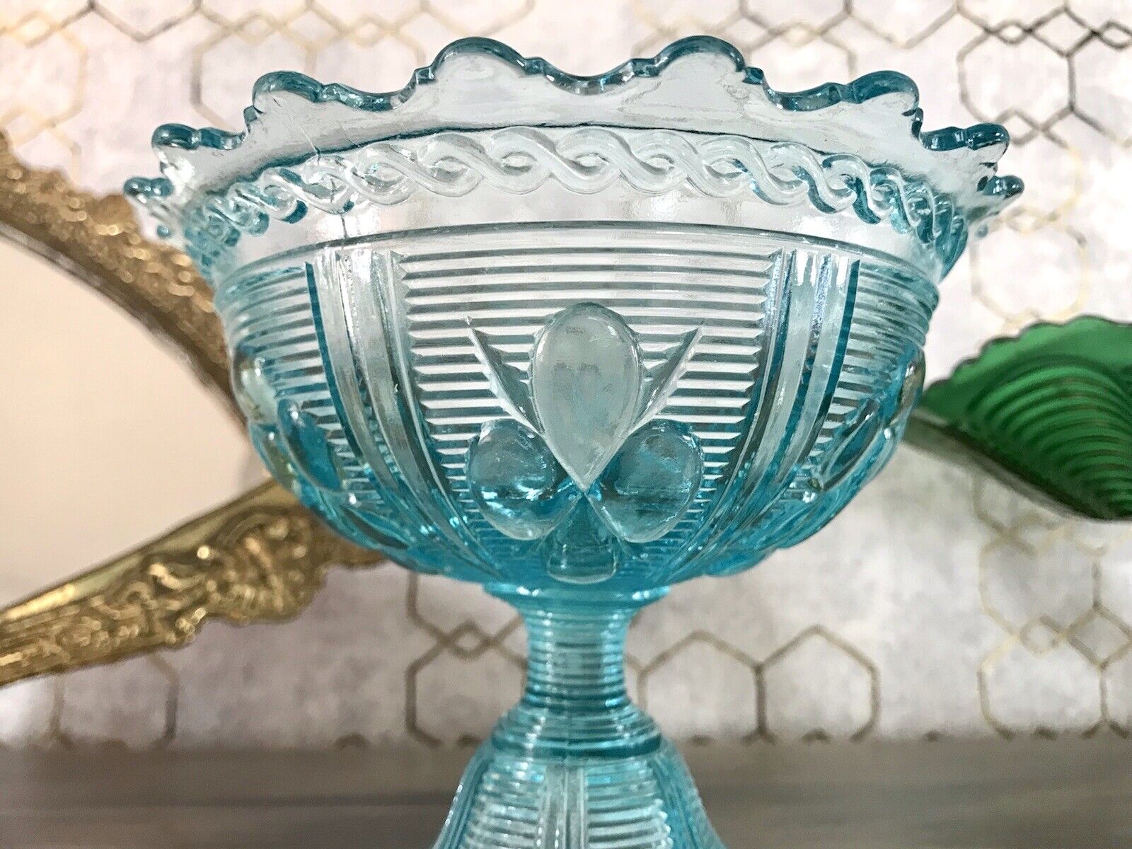 Antik Jugendstil Art Déco Pressglas Schale Fußschale Zuckerschale blau türkis