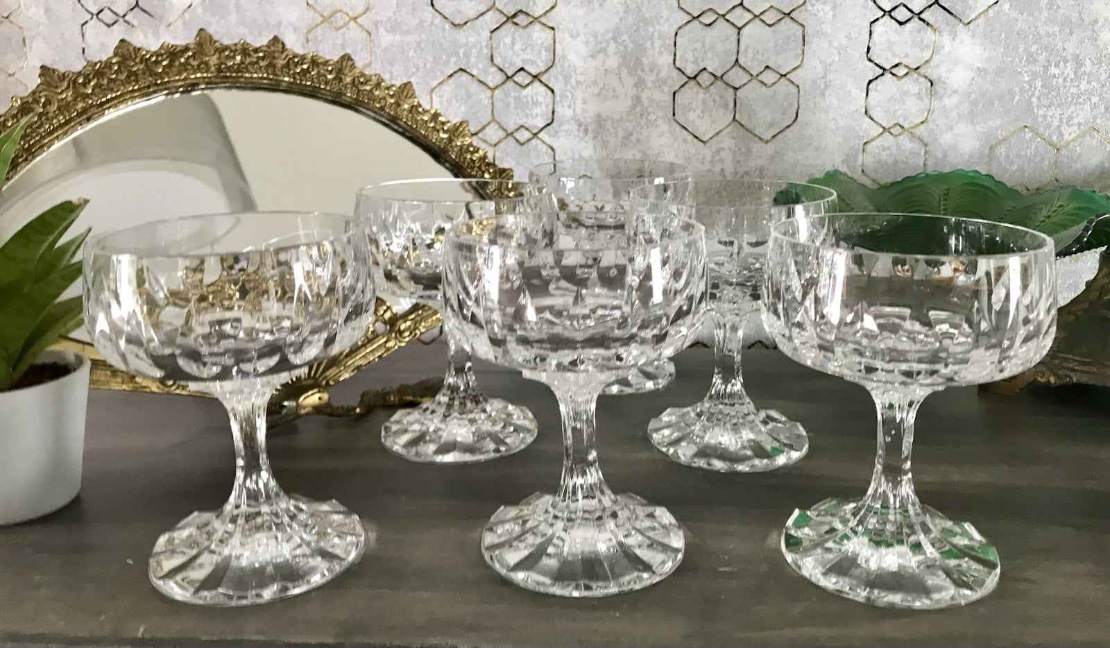 Vintage 6x Champagnerschalen Sektschalen Kristallglas Schliff Bleikristall