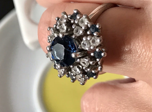 Vintage Entourage Halo Ring farblose Steine & Saphir Silber 835  ~Gr.55 17,5