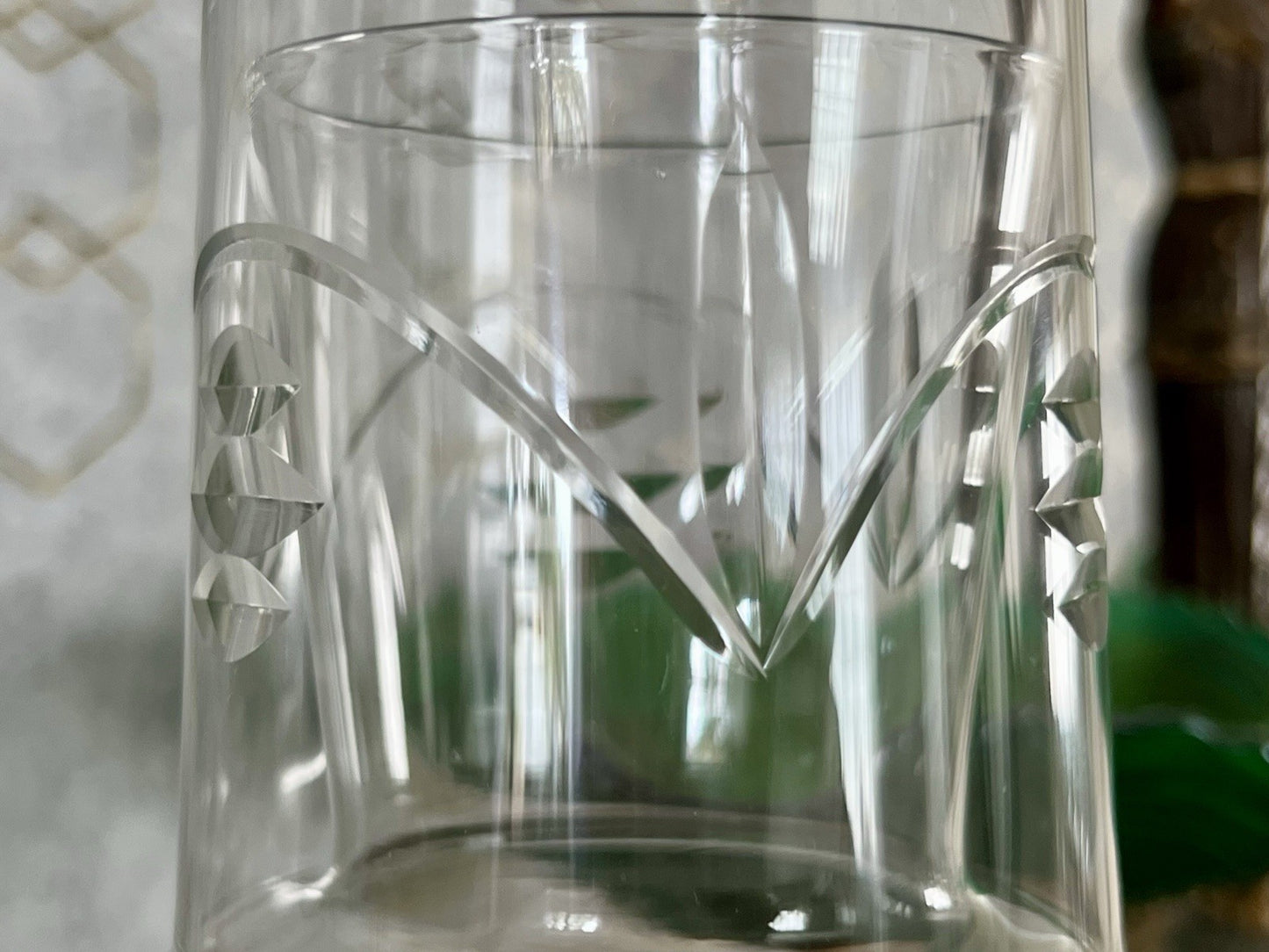Antik Art Deco Sturzflasche Karaffe Dekanter & Becher Glas geschliffen
