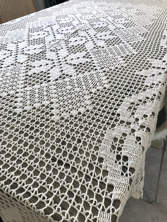 Antik Häkelspitze Tischdecke gehäkelt Creme Baumwolle Spitze Landhaus 170x145