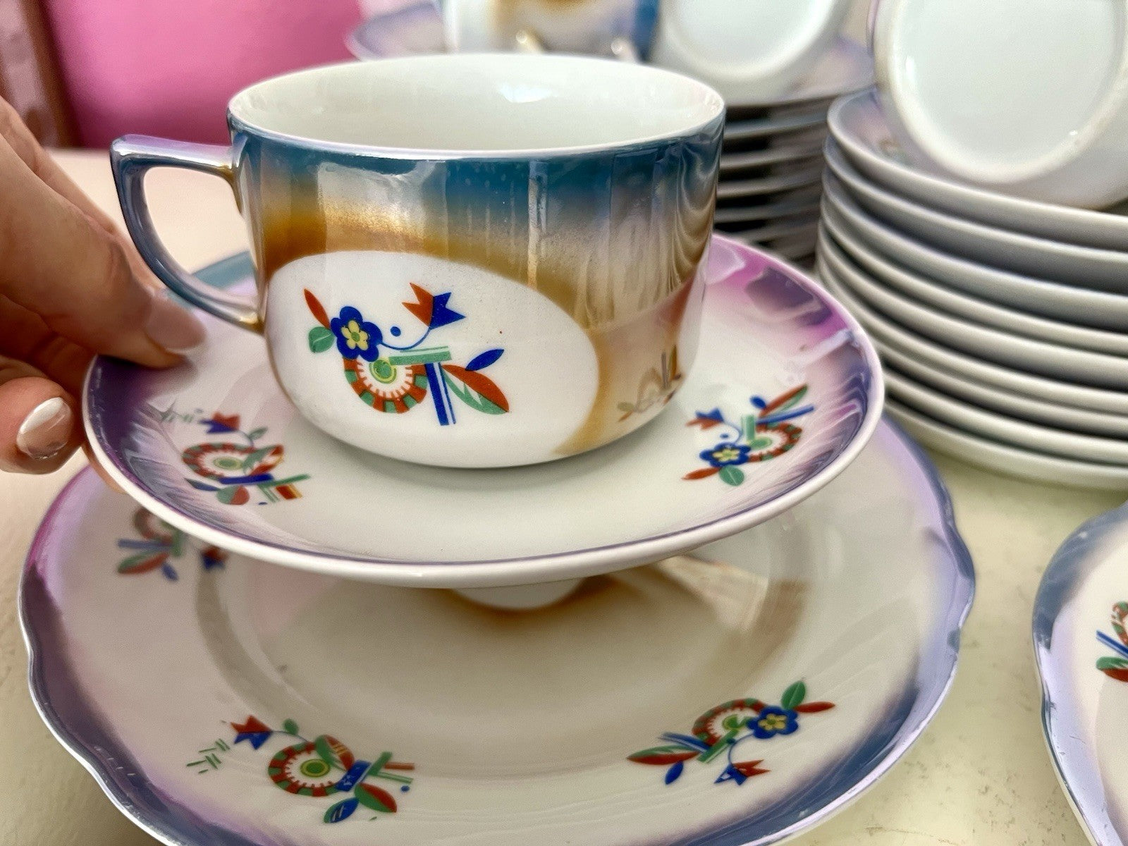 Antik Art Déco Porzellan Kaffeeservice Spritzdekor Teeservice 9 Pers. plus