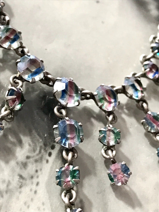 Antik Edel Art Déco 925 Silber Collier Halskette Rheinkiesel
