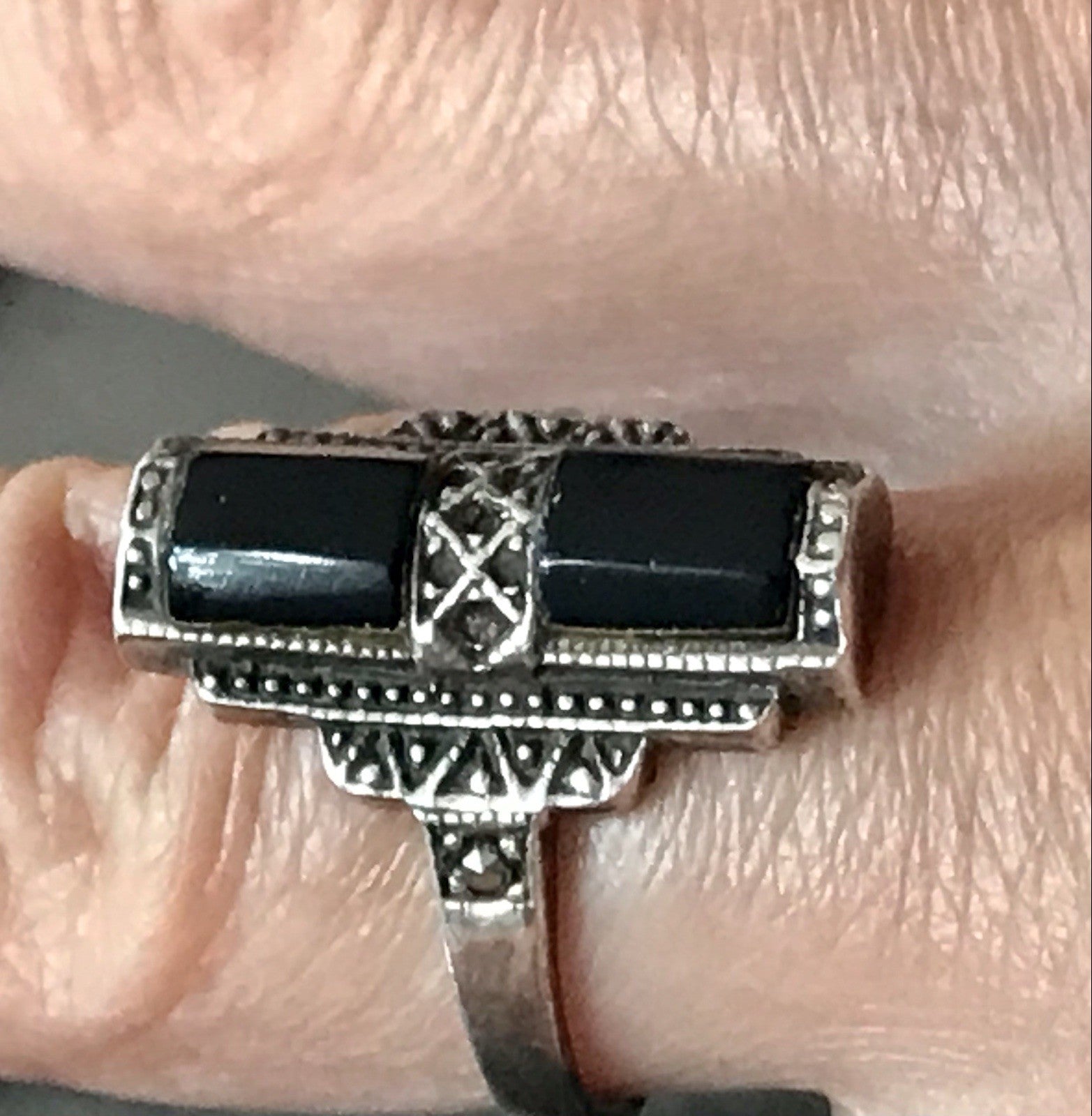 Antik Art Déco Damen Schiffchen Ring Onyx 925 Silber Gr.56 Markasite 18,1