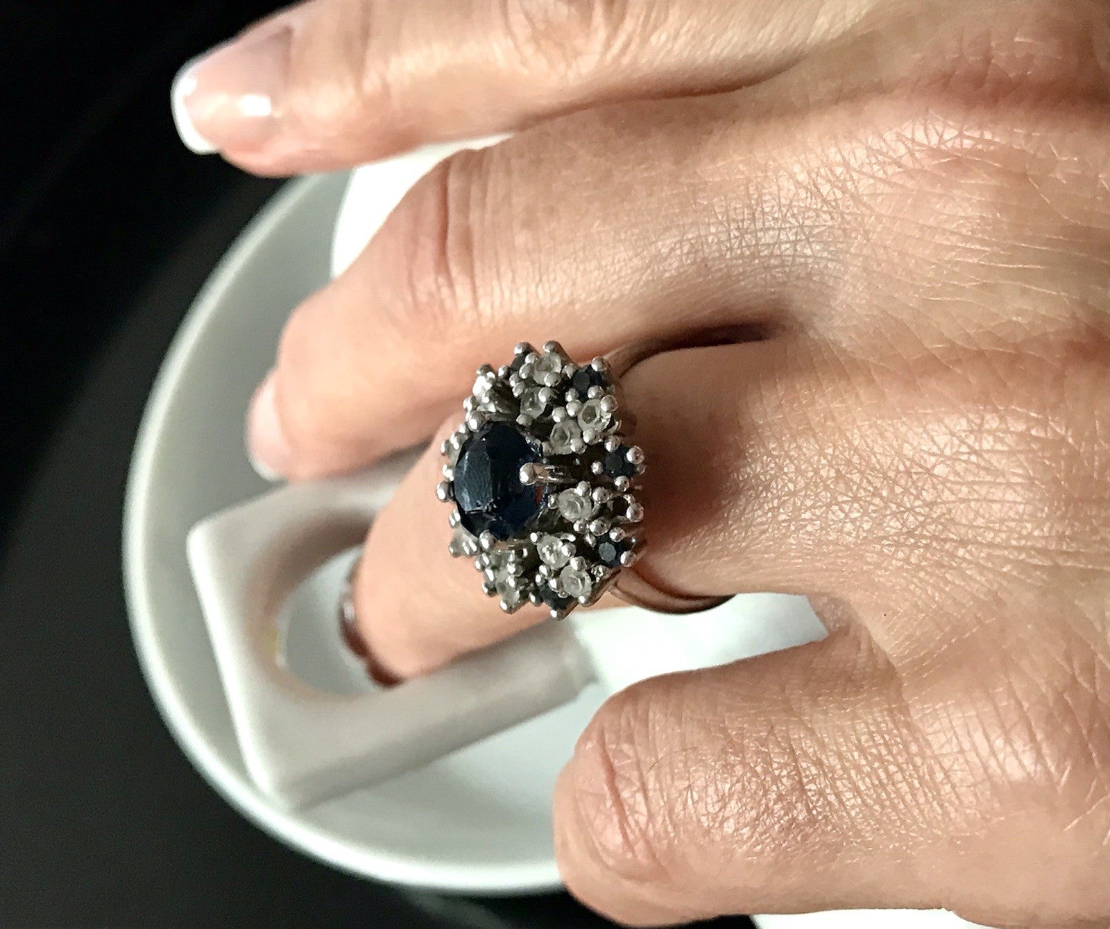 Vintage Entourage Halo Ring farblose Steine & Saphir Silber 835  ~Gr.55 17,5