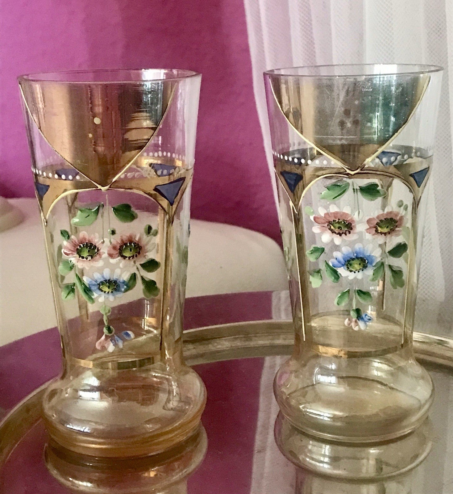 Antik Jugendstil Emaile -Malerei Glas Fußbecher Becher Pokal Bierglas irisierend