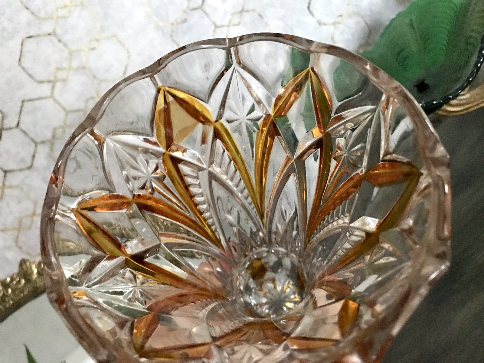 Antik alt Art Déco Stil Glasvase Bleikristall Vase Bernstein Gelbbeize Annahütte