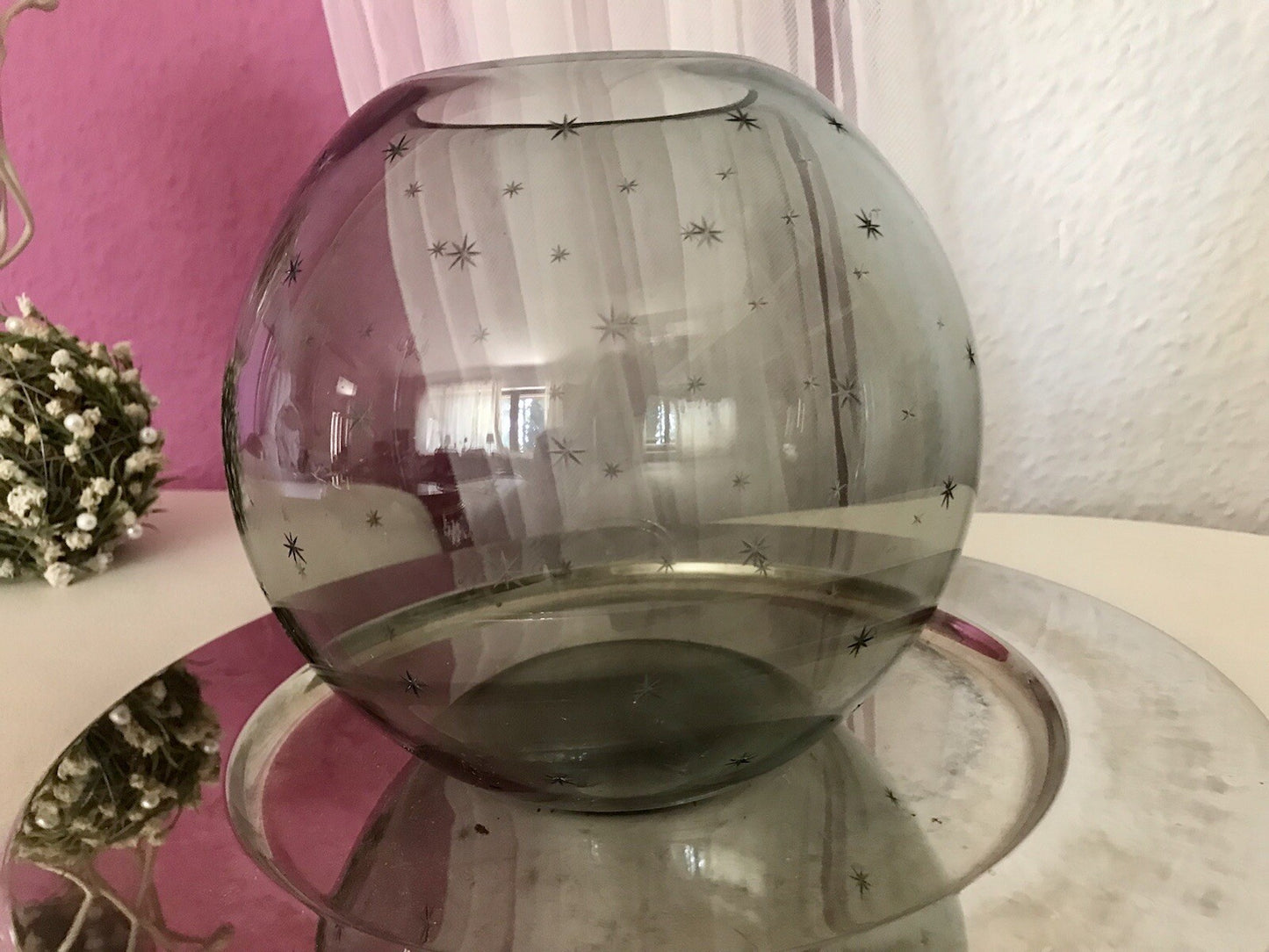 Alt Vintage Glasvase Glas Rauchglas Vase Mid century Kugelvase Grau Sternchen