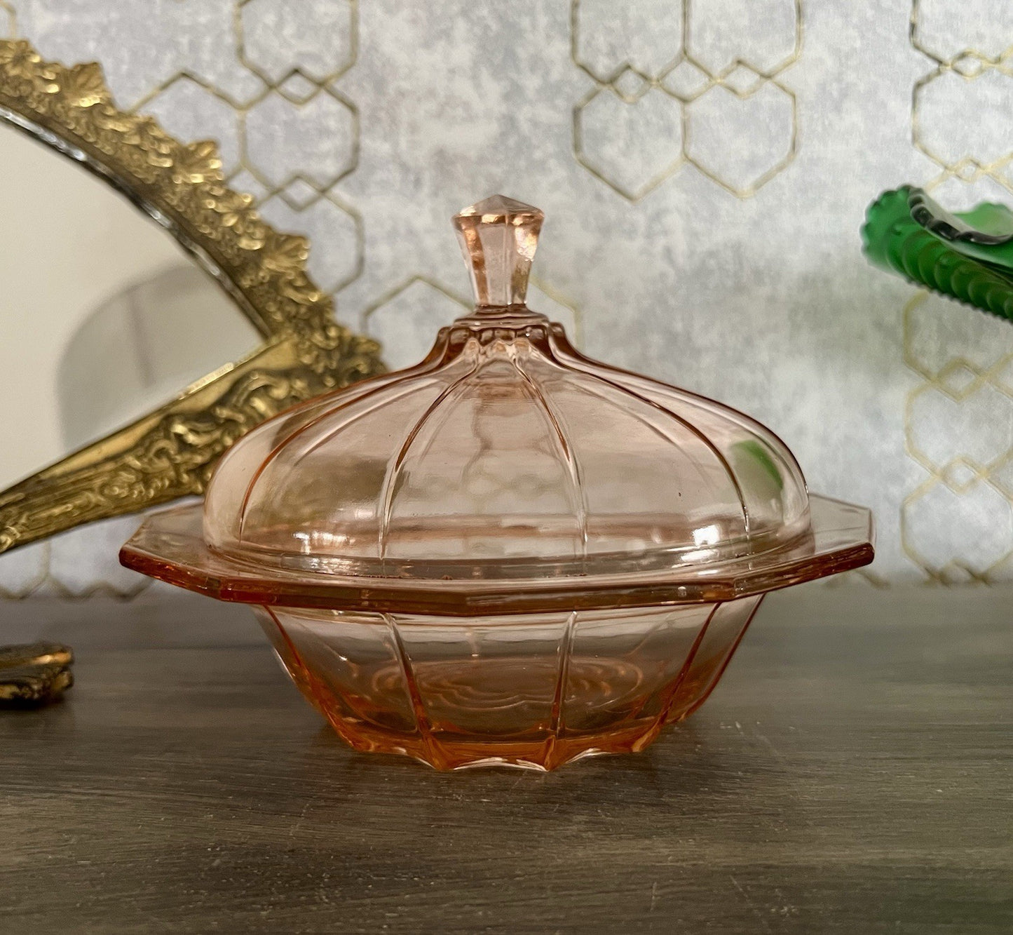 Antik Art Déco Dose Deckeldose Rosalin Rosa Pressglas