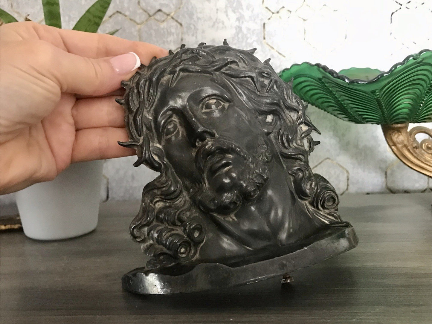 Antik Zinn? Relief Jesus Büste Dornkrone Figur Guss?  schön