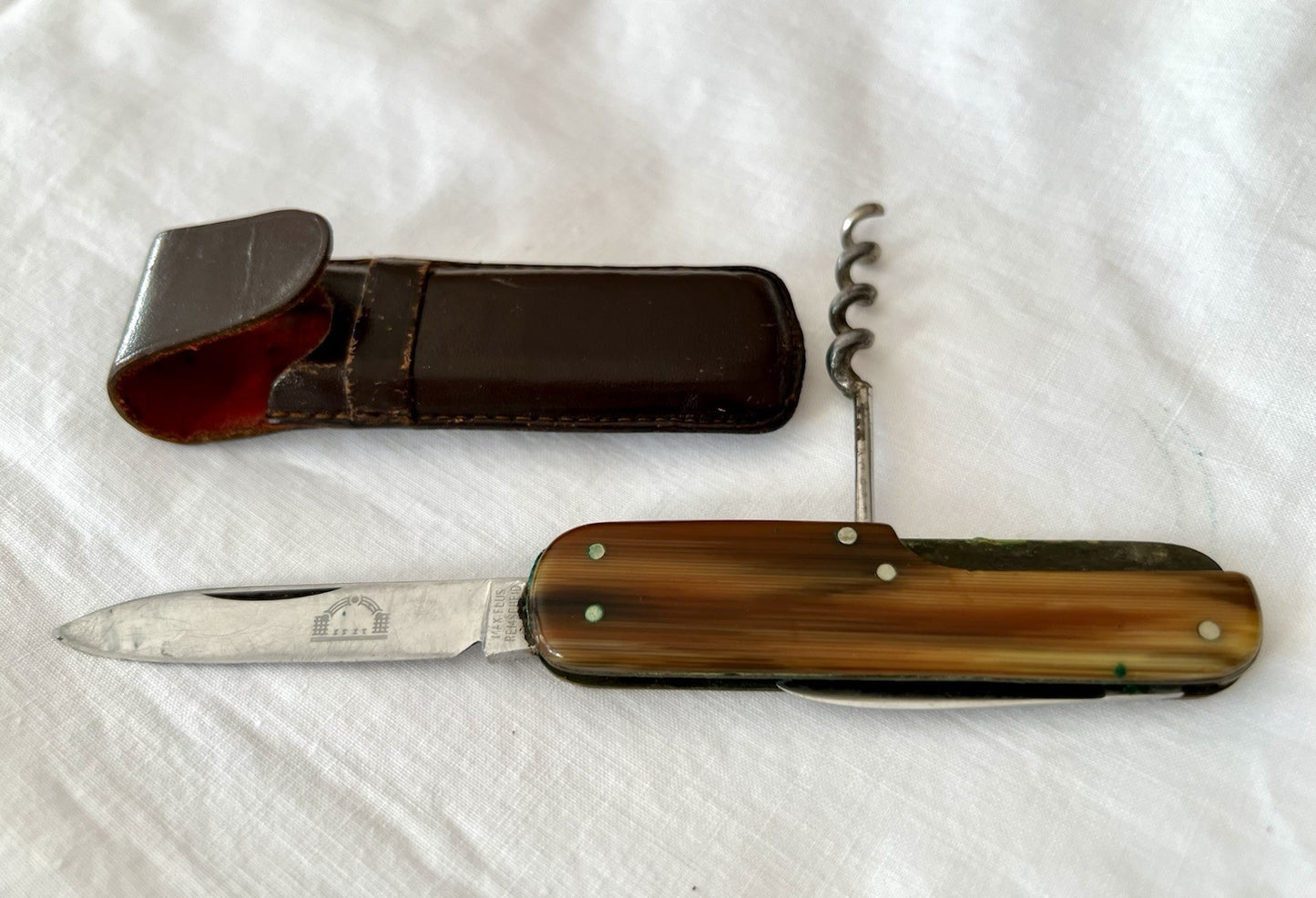 Antik Vintage Taschenmesser Klappmesser Jagdmesser Max Flus Remscheid Lederetui