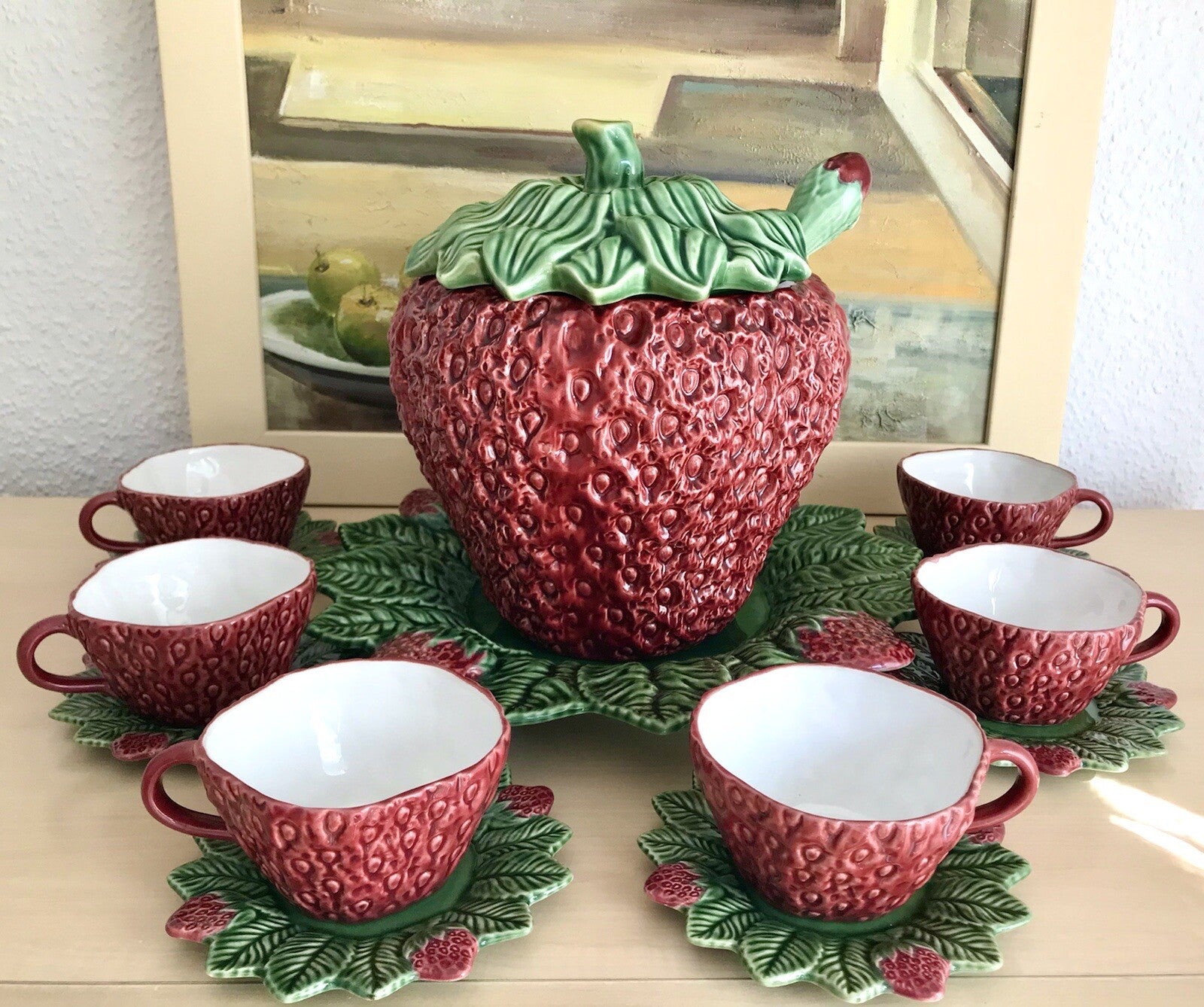 Vintage alt Majolika Keramik Bowle Set Topf 6 Tassen grün rot Erdbeere Pinhero