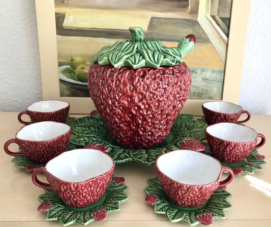 Vintage alt Majolika Keramik Bowle Set Topf 6 Tassen grün rot Erdbeere Pinhero