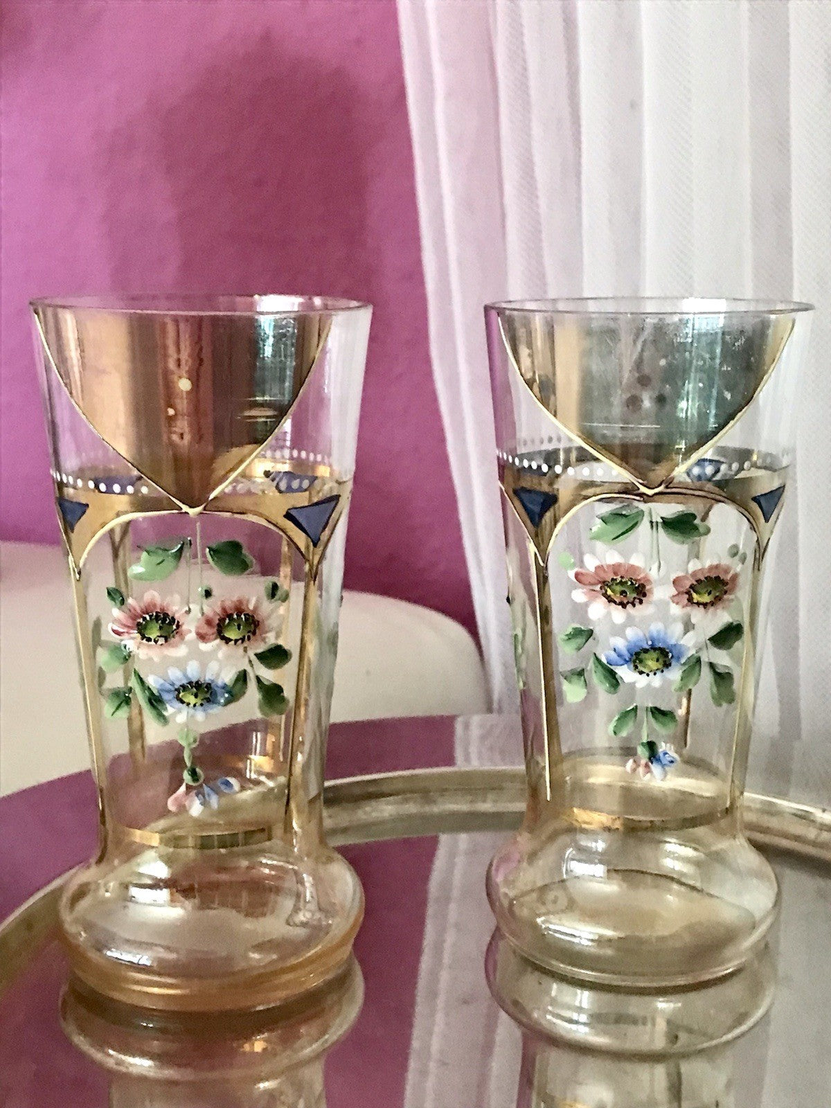 Antik Jugendstil Emaile -Malerei Glas Fußbecher Becher Pokal Bierglas irisierend