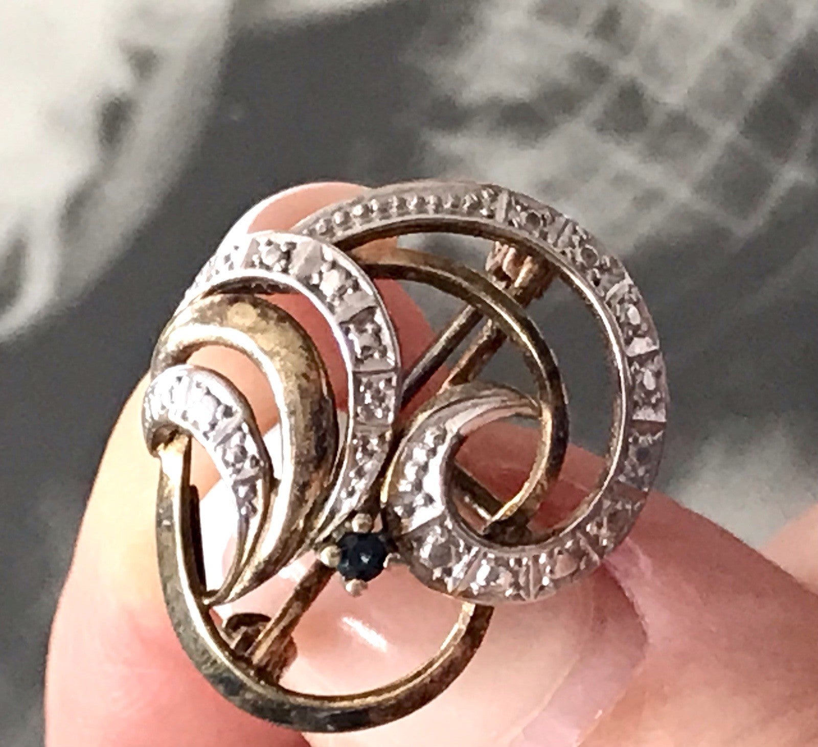 Vintage TeKa Designer Anhänger Brosche Amerik. Doublè vergoldet blauer Stein