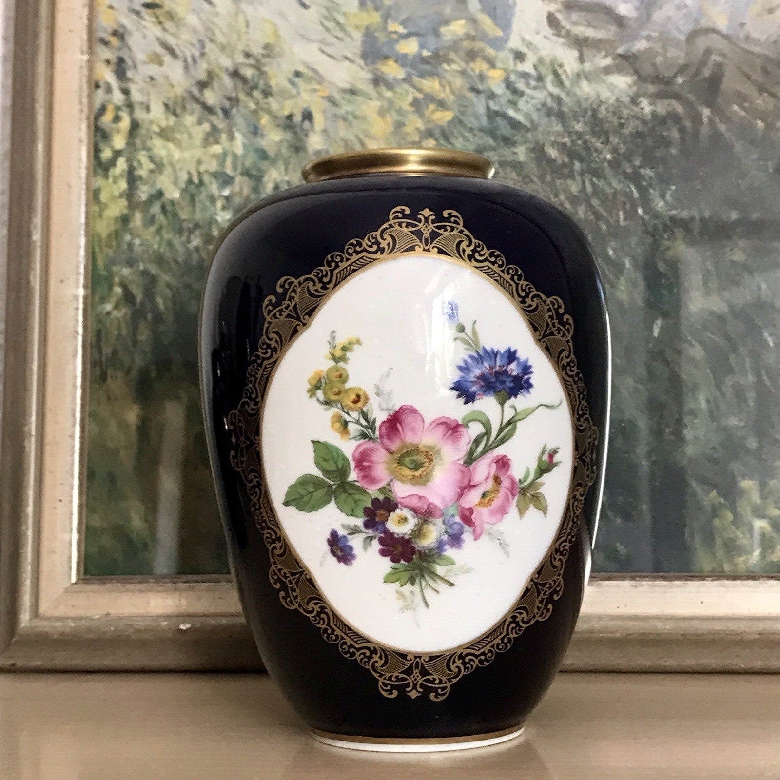 Vintage Alt 1 Porzellan Prunkvase Vase Echt Kobalt blau bunt Weimarer Porzellan