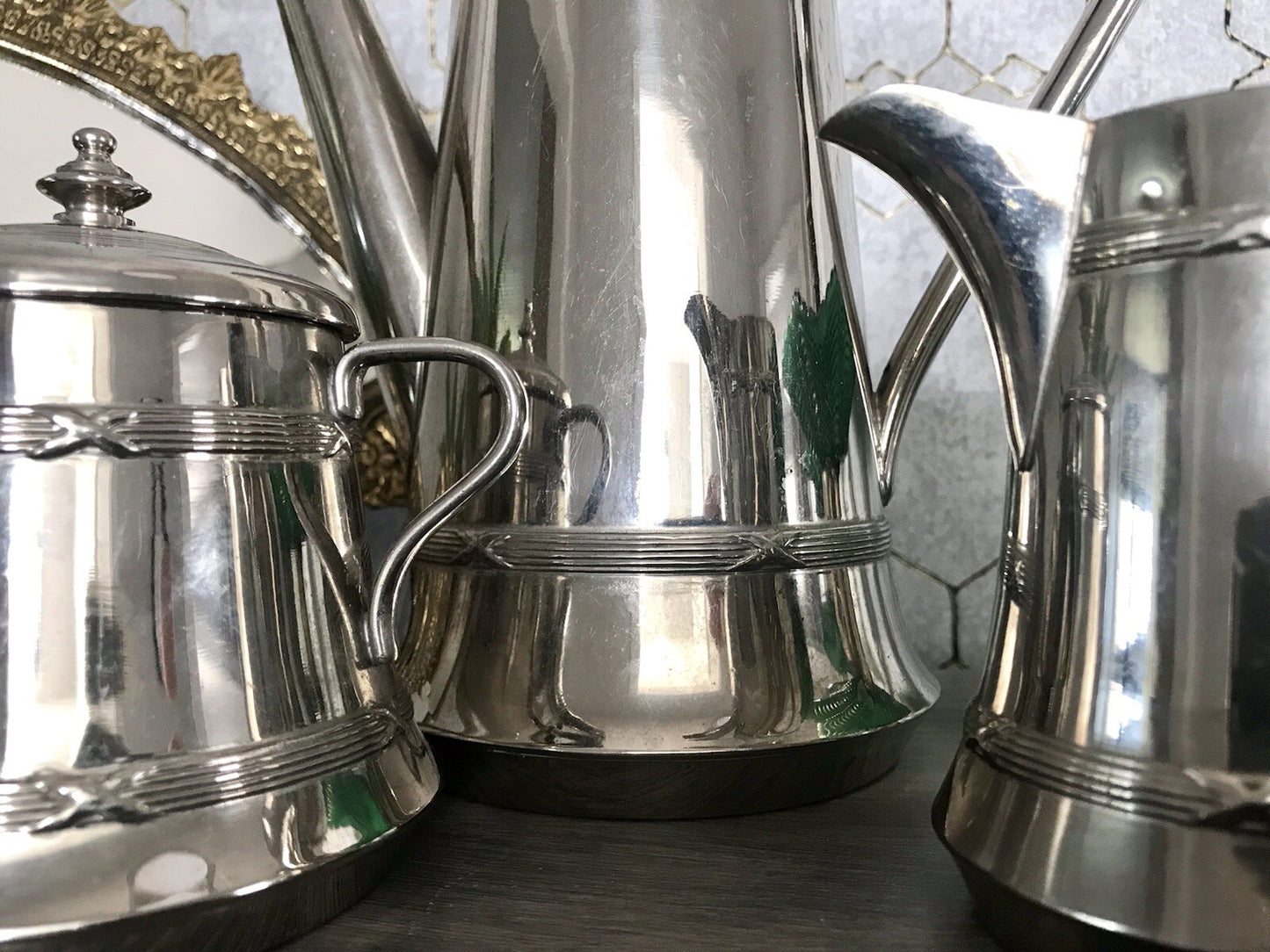 Antik Jugendstil Kaffee Kernstück Zuckerdose Rahmgießer Kanne vernickelt?