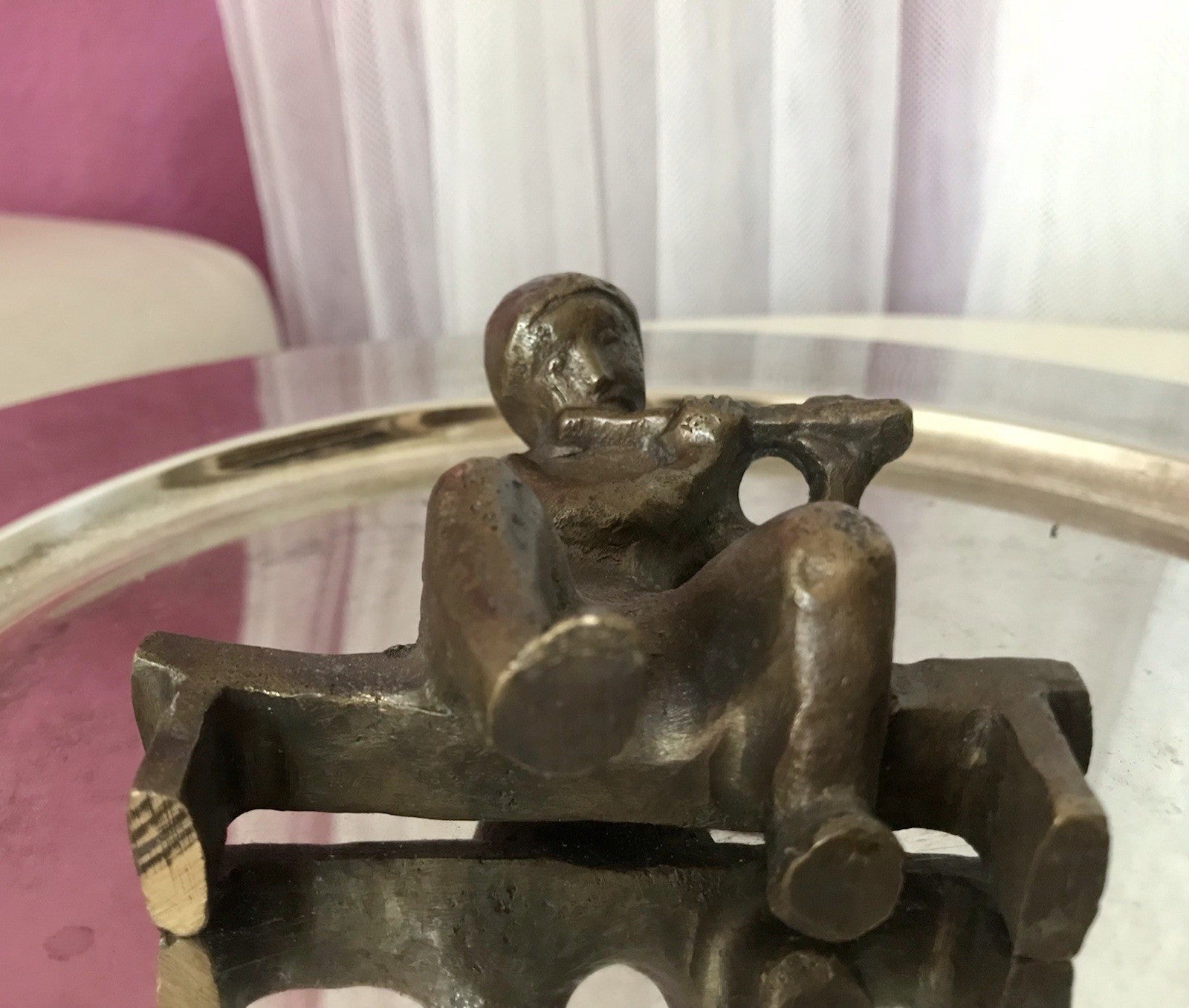 Vintage Bronze Figur Kind Junge Skulptur Fischedick Junge mit Flöte auf der Bank