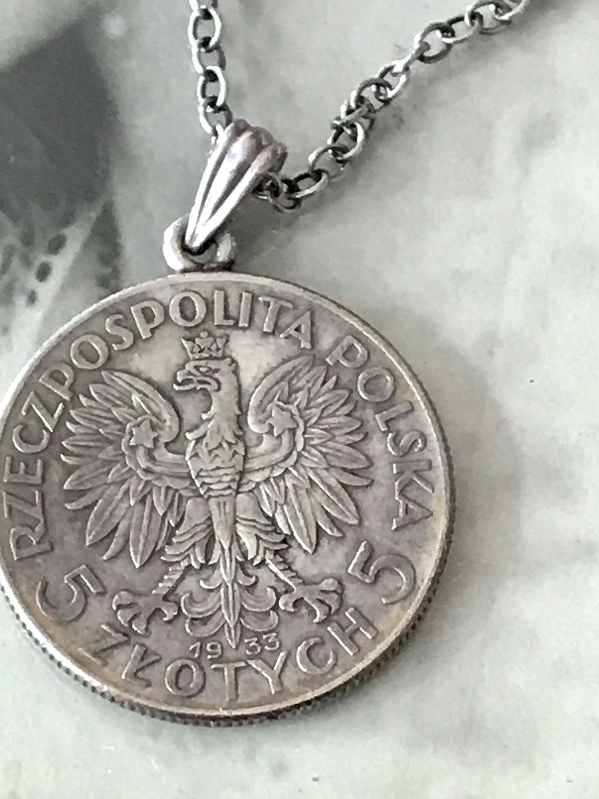 Antik Halskette Münze Jadwiga Polen 1933 Anhänger Kettenanhänger Silber 835