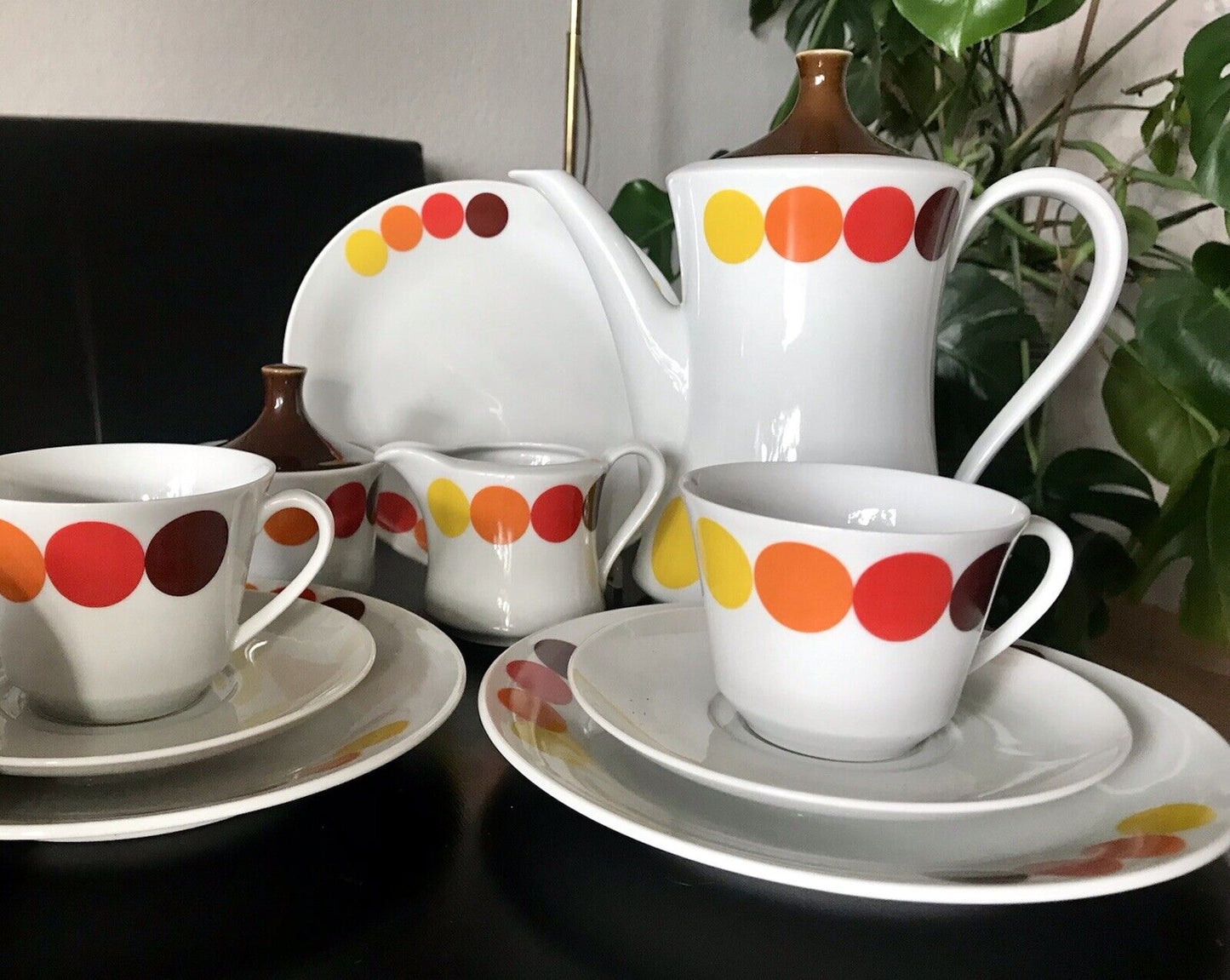 Alt Vintage 70er Seltmann Porzellan Kaffeeservice weiß bunte Kreise 6 Personen