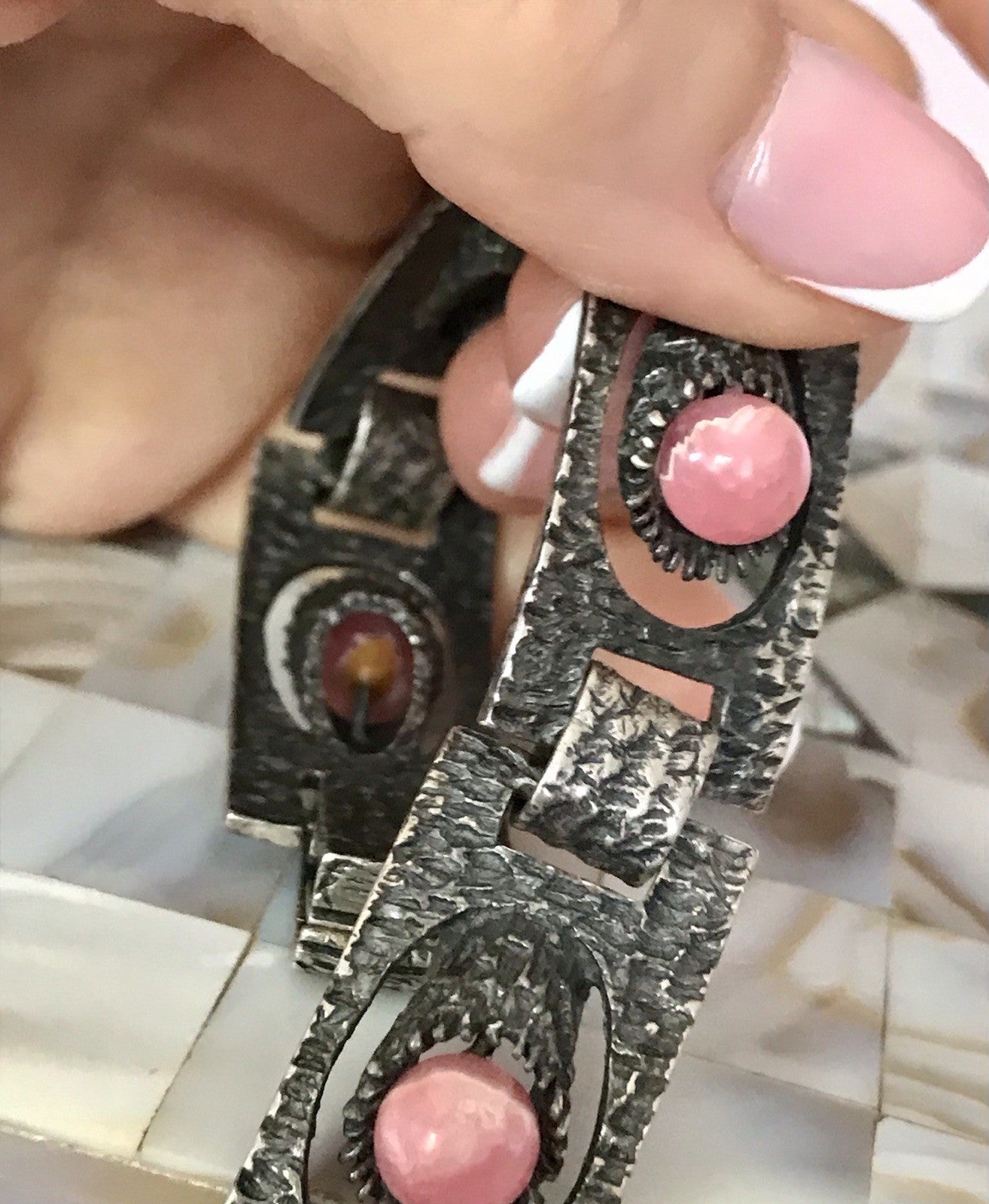 Vintage Schmuck Set 60er Designer Armband Ring Modernist 925 Silber Rosenquarz