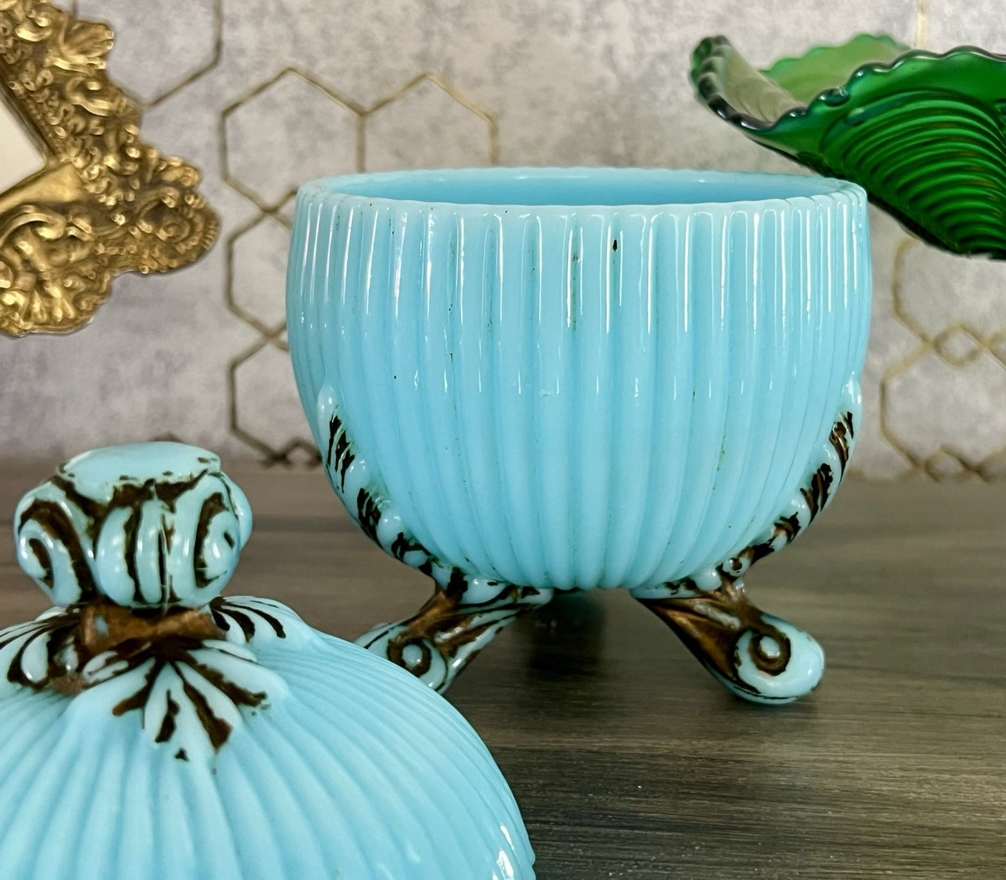 Antik Jugendstil Glasdose Kugel Dose Opalglas Deckeldose blau Pressglas SCHÖN!