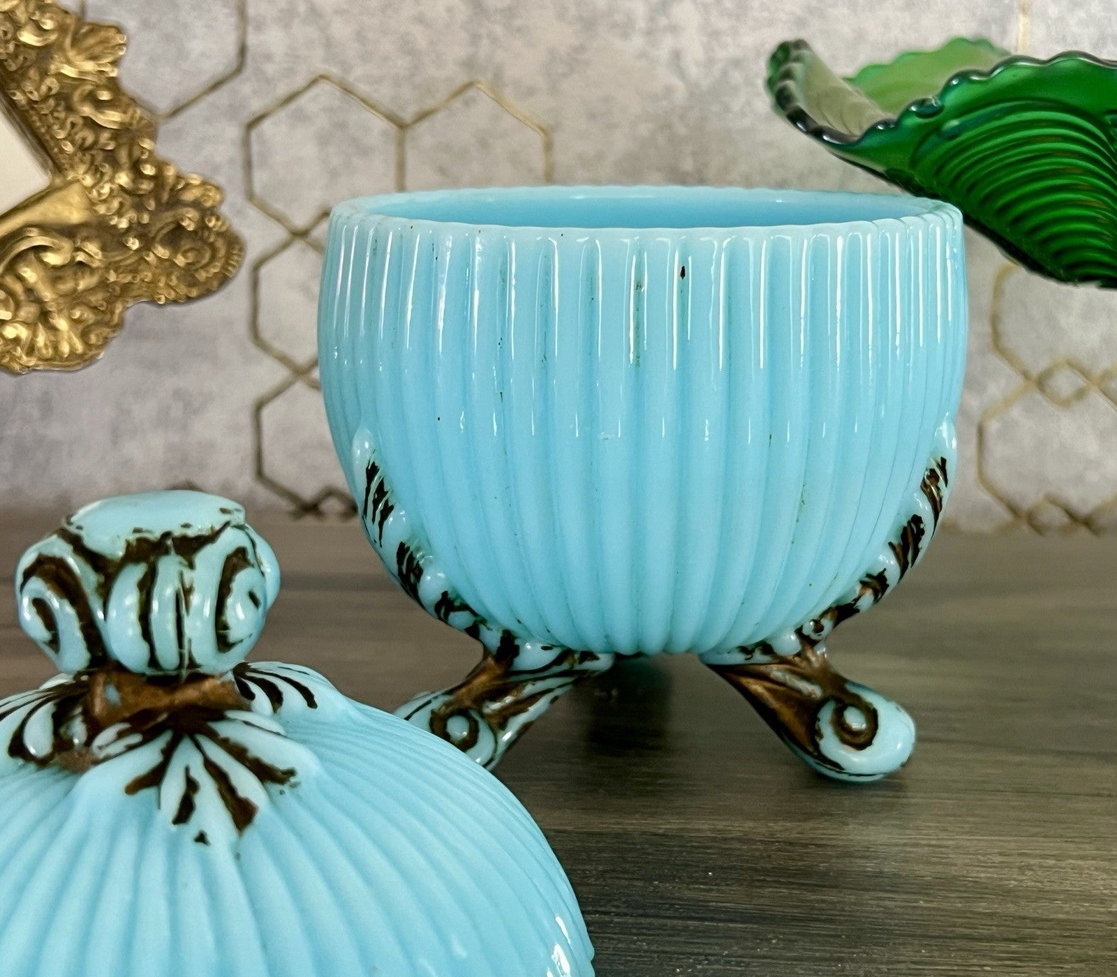 Antik Jugendstil Glasdose Kugel Dose Opalglas Deckeldose blau Pressglas SCHÖN!