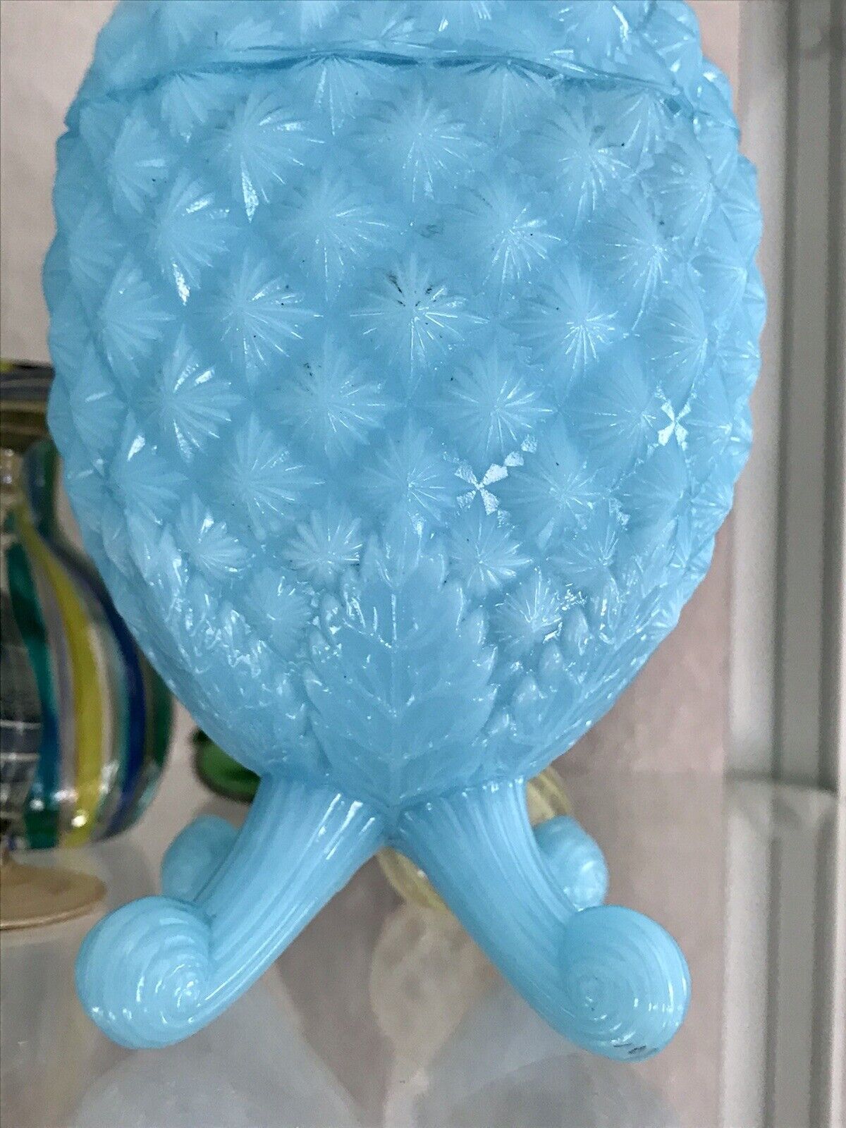 Antik Jugendstil Ananas Glasdose Dose Opalglas Deckeldose blau Pressglas SCHÖN!