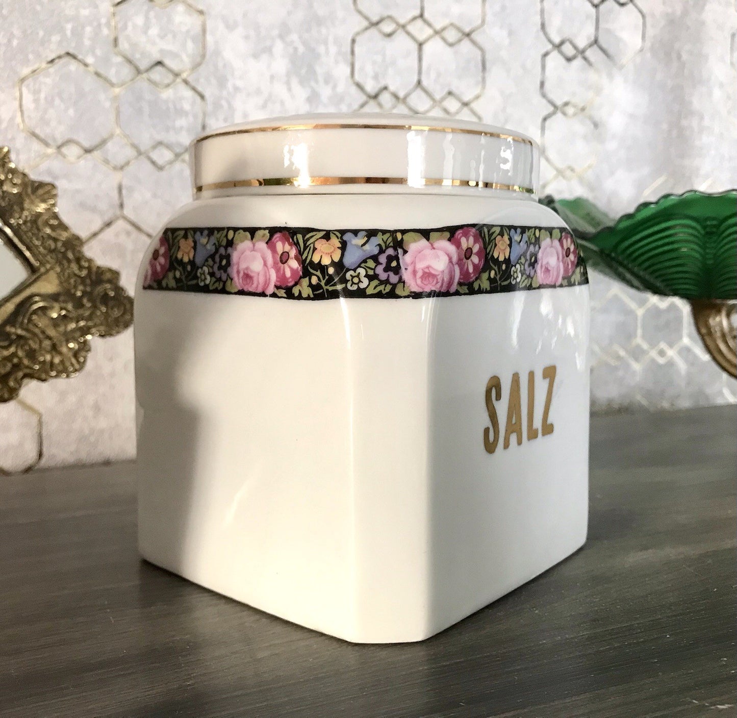 Antik Porzellan Dose Vorratsgefäß Vorratsdose Salz Blumenborte Art Déco