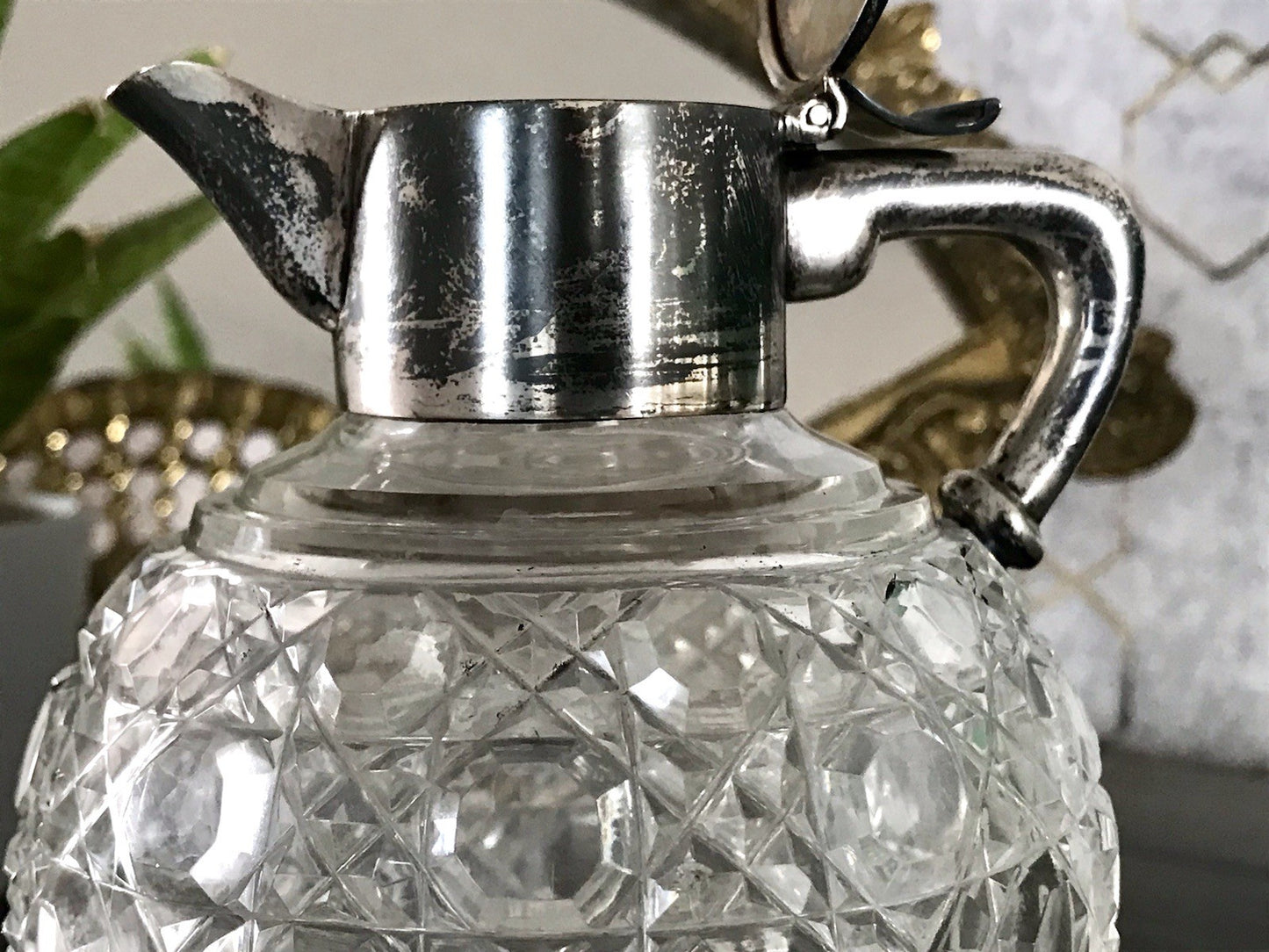 Antik EDEL Schliff Karaffe Kännchen Silber 800 Kristall Glaseinsatz Jugendstil
