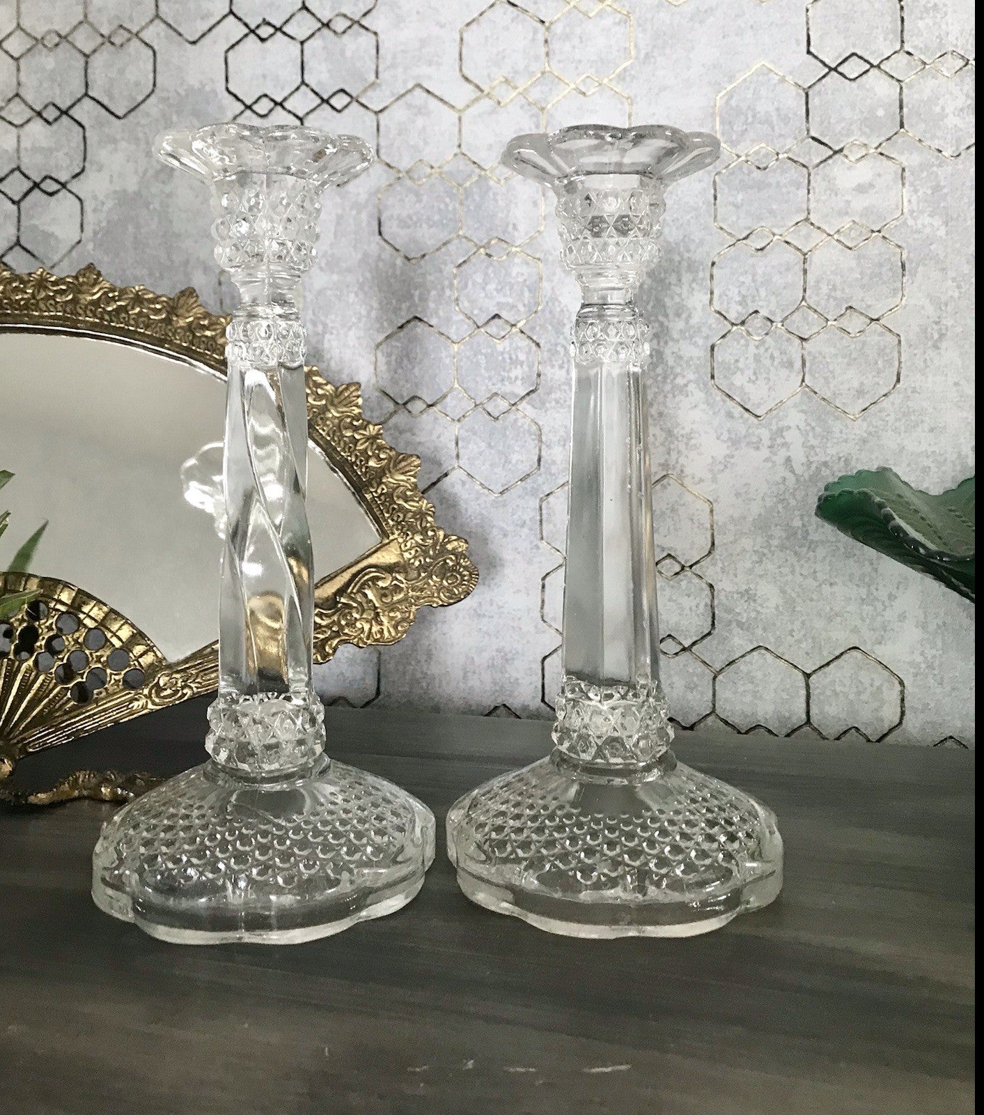 Antik Art Déco 2x Kerzenleuchter Leuchter Kerzenständer Pressglas Glas