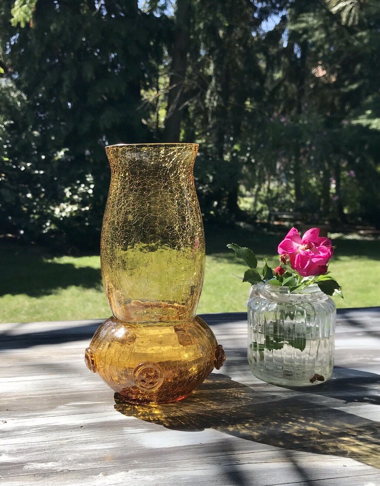 Antik Craqueleè Vase Glasvase Bernstein Gelb Amber Art Déco Nuppen