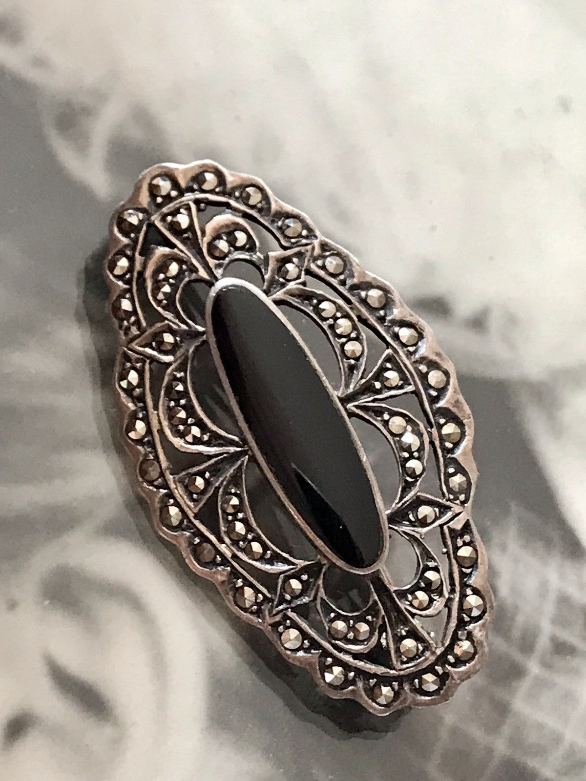 Antik Art Déco Edel Silber 925er Markasiten Onyx Edel Brosche