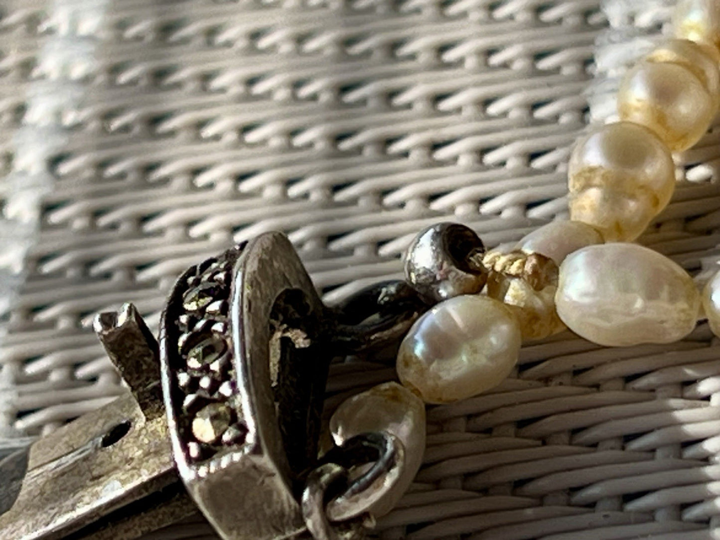 Antik  Jugendstil Silber Collier Perlen Halskette Herz Markasite blauer Stein
