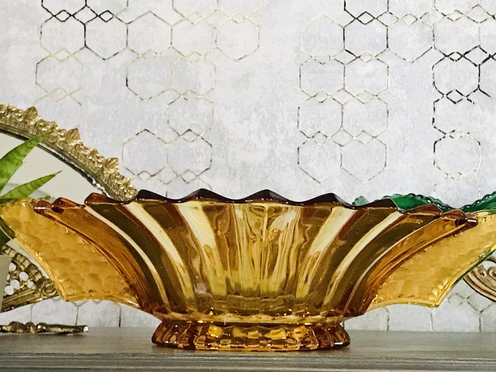 Antik Art Déco gelb Pressglas Schale Glas Brockwitz Prismen Fruchtschale 1941