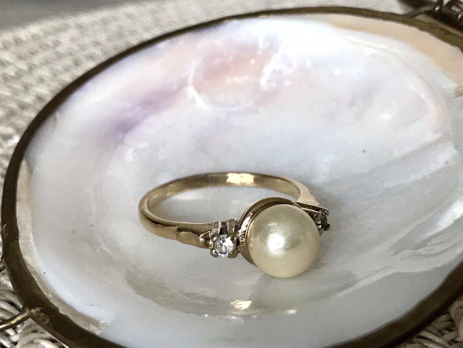 Antik Alt Edel DAMEN RING Silber 925 Perle farblose Steine Gr.58 18,4 vergoldet