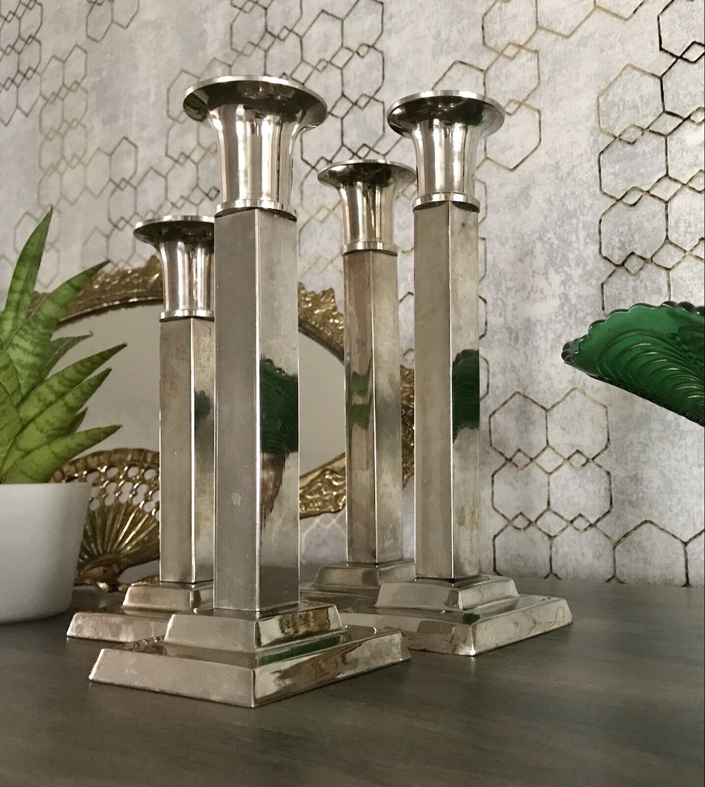 4 Kerzenleuchter Kerzenständer Leuchter Art Déco Stil versilbert? kantig