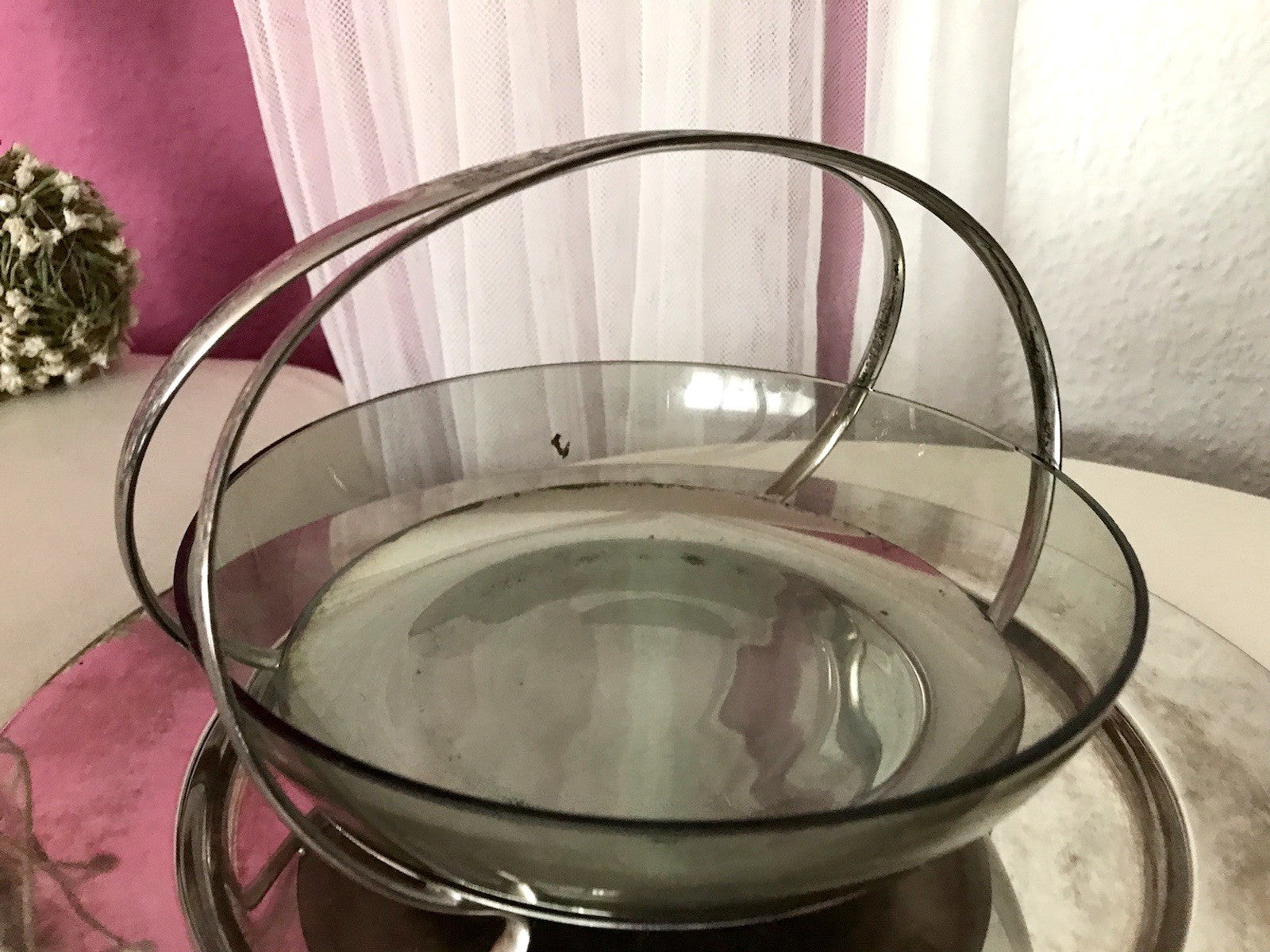 WMF ? Vintage Schale versilbert 50er 60er Mid Century Rauchglas Einsatz MCM