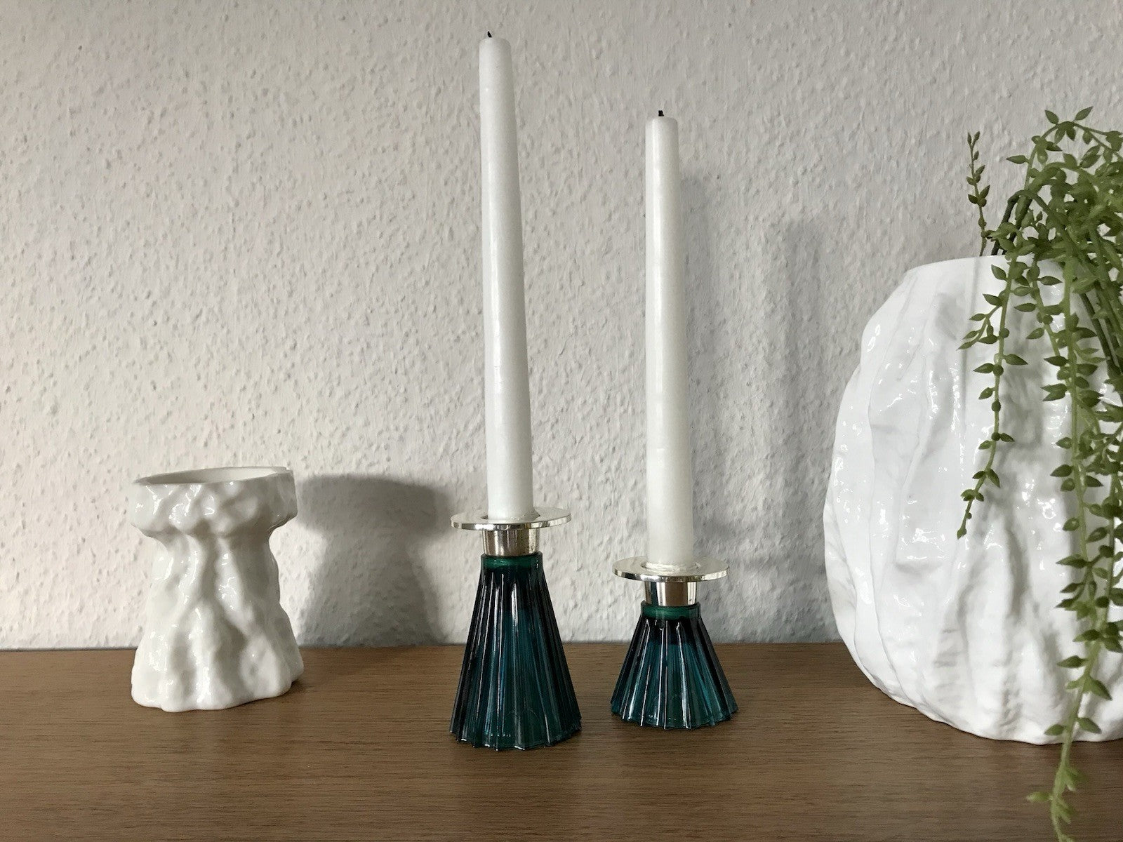 Vintage alt WMF 2 Leuchter Glas türkis versilbert Wagenfeld Ära