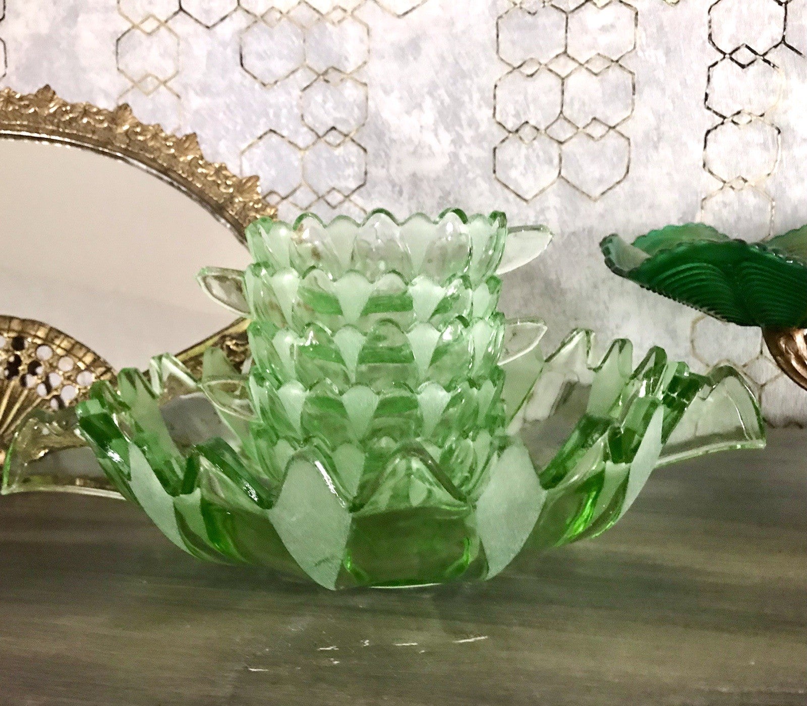 Antik Set grün Dessert Kompott Eis Schale 5x Schälchen Pressglas Art Déco Griffe