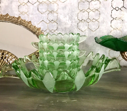 Antik Set grün Dessert Kompott Eis Schale 5x Schälchen Pressglas Art Déco Griffe